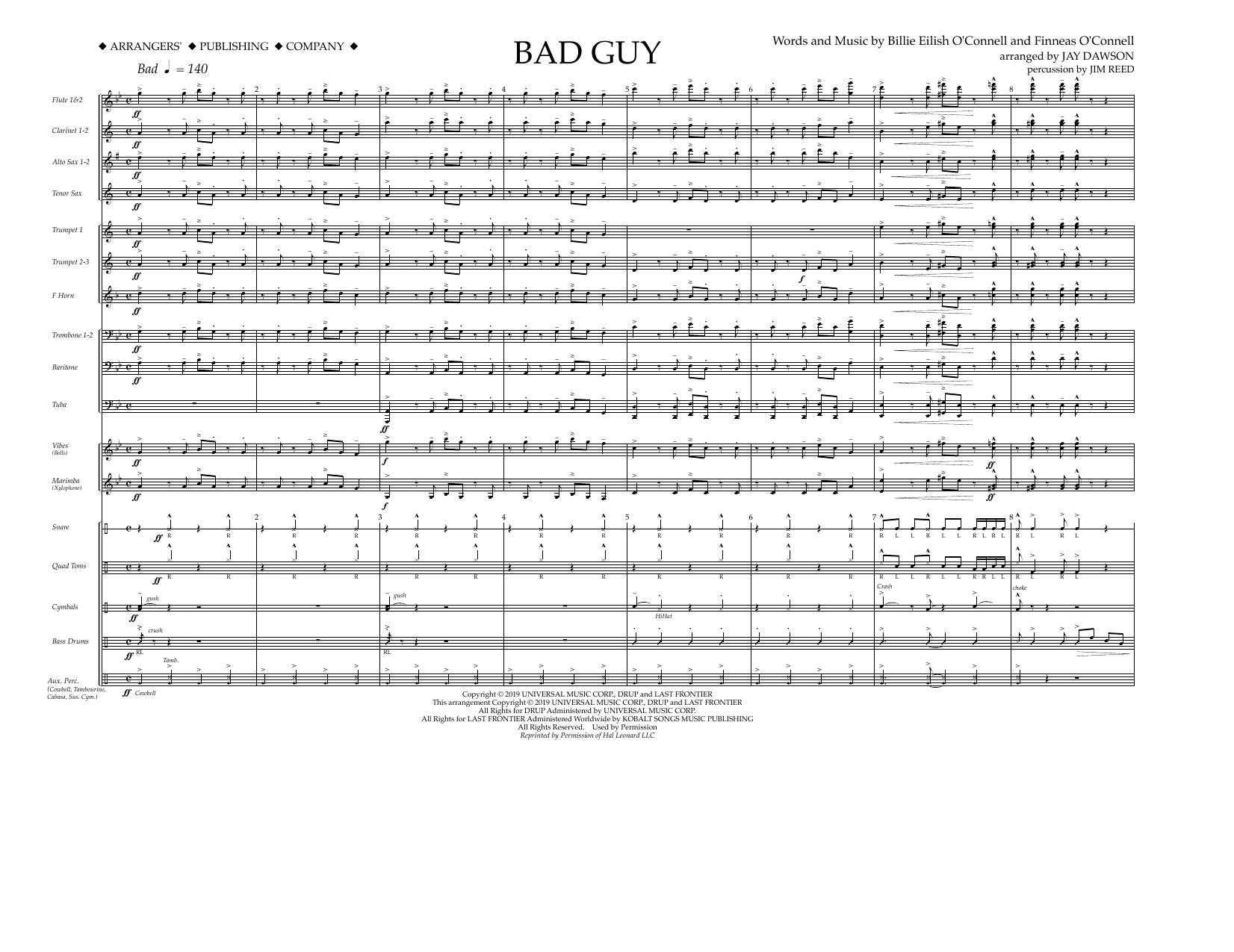 Download Billie Eilish Bad Guy (arr. Jay Dawson) - Conductor Sheet Music and learn how to play Marching Band PDF digital score in minutes