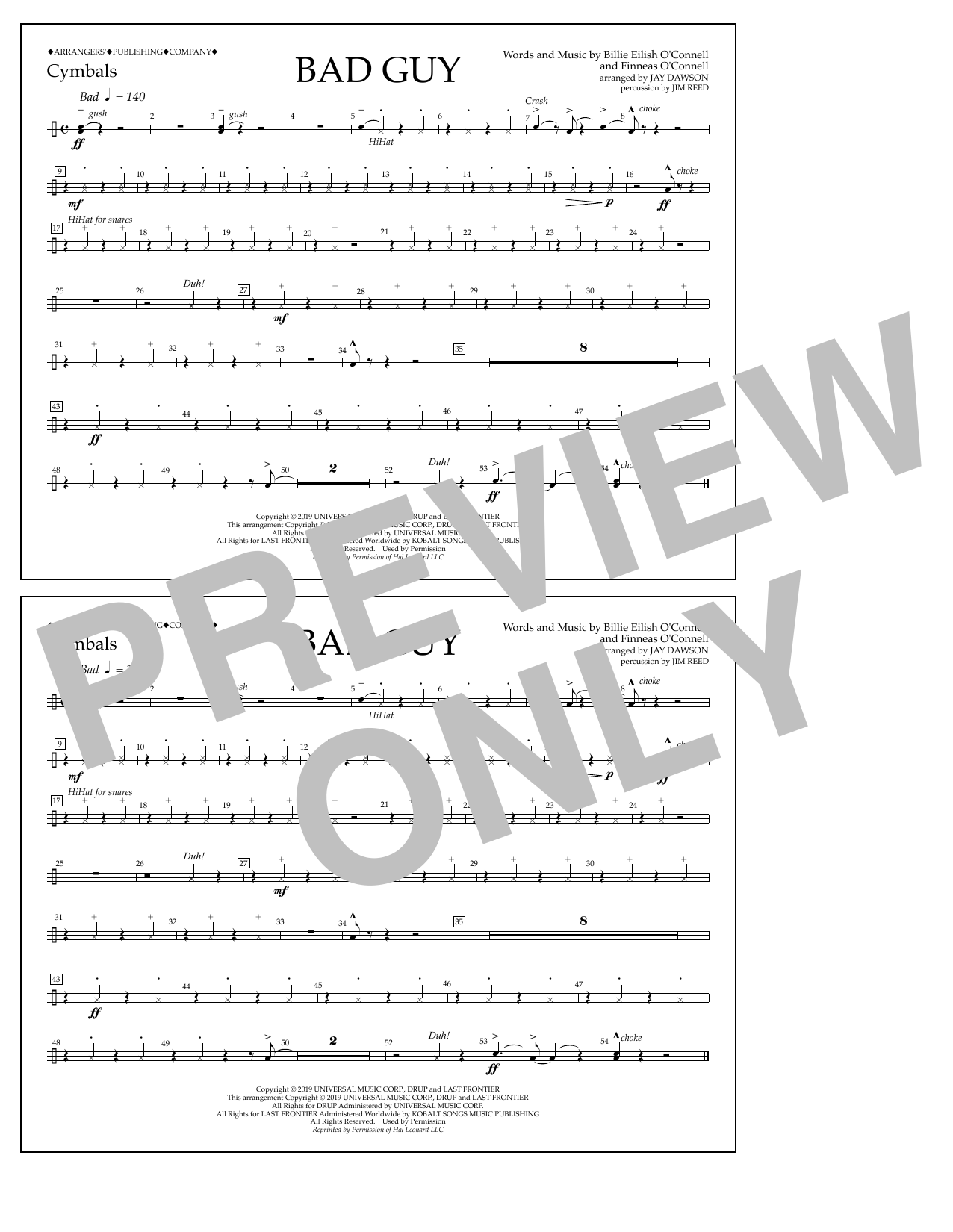 Download Billie Eilish Bad Guy (arr. Jay Dawson) - Cymbals Sheet Music and learn how to play Marching Band PDF digital score in minutes