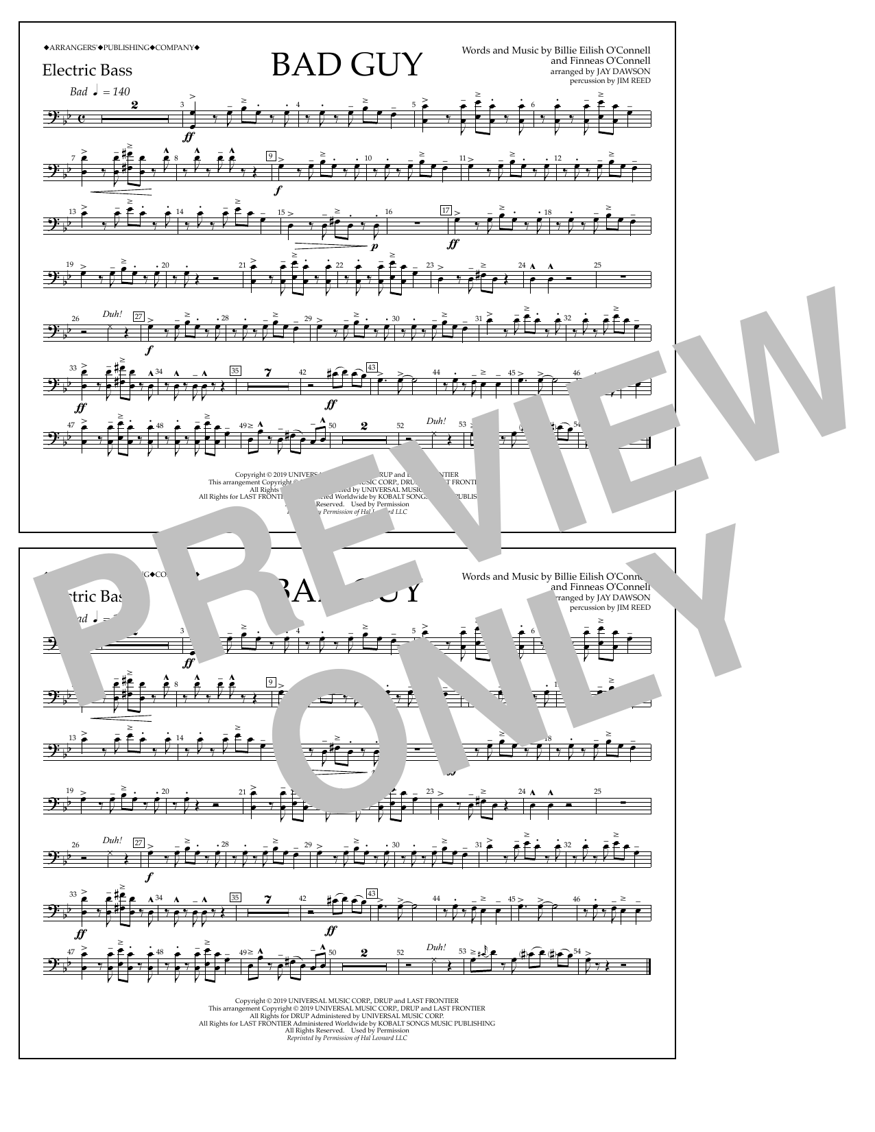 Download Billie Eilish Bad Guy (arr. Jay Dawson) - Electric Bass Sheet Music and learn how to play Marching Band PDF digital score in minutes