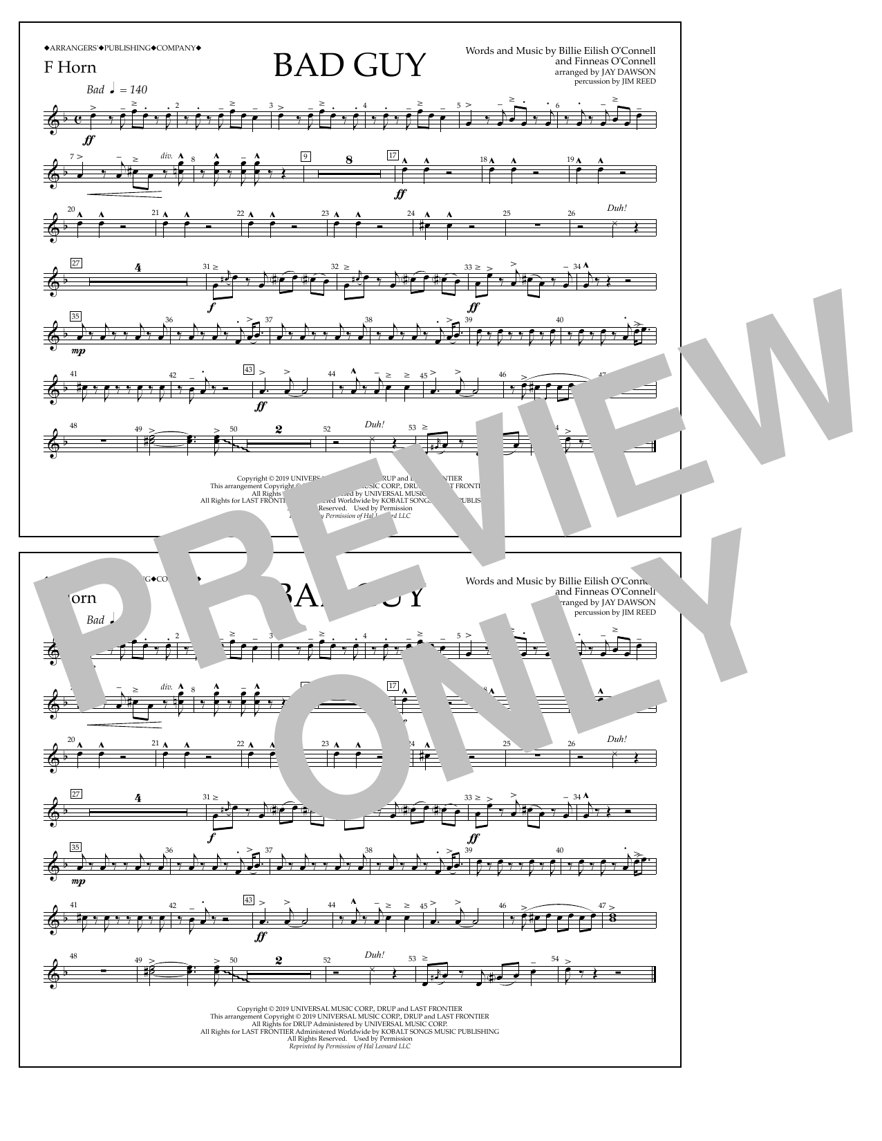 Download Billie Eilish Bad Guy (arr. Jay Dawson) - F Horn Sheet Music and learn how to play Marching Band PDF digital score in minutes