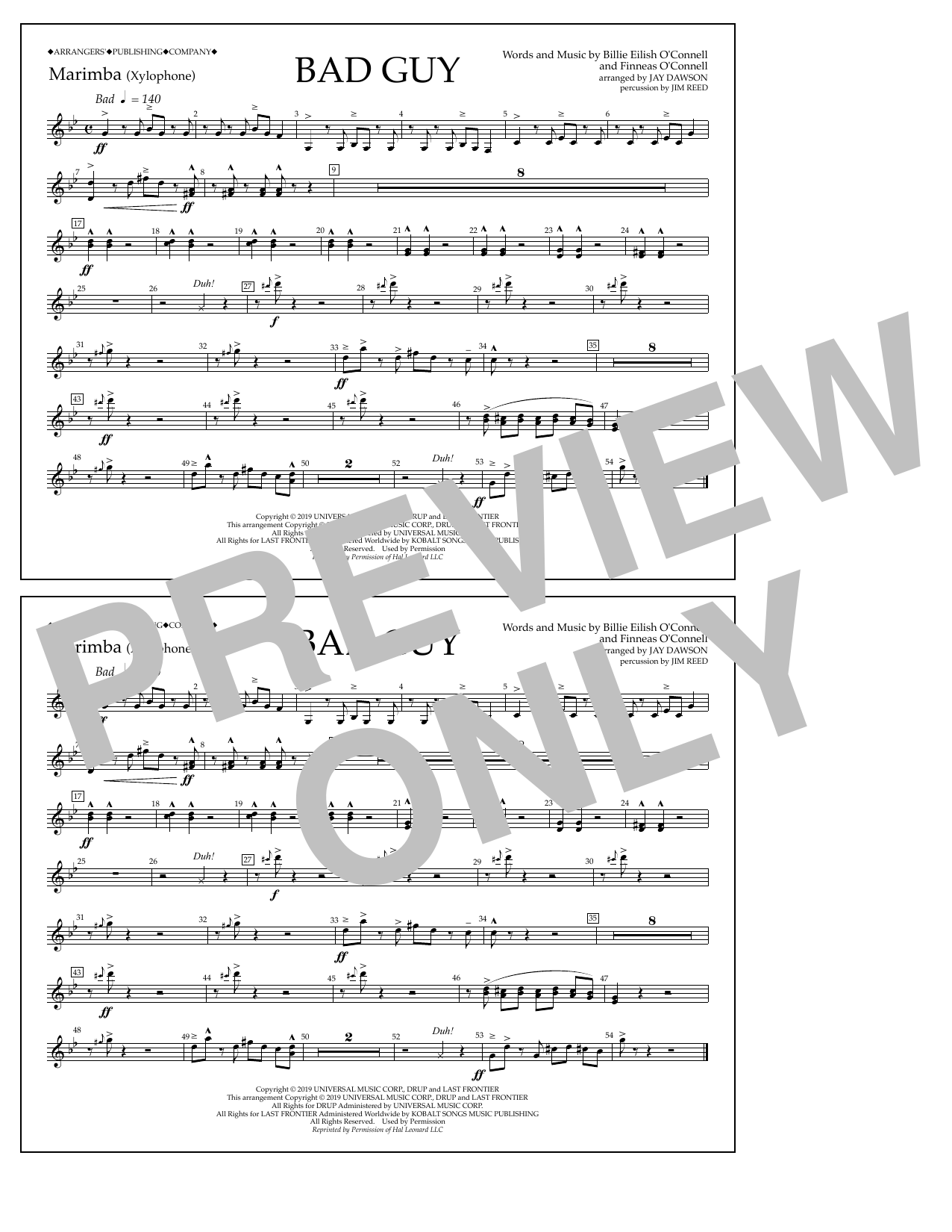 Download Billie Eilish Bad Guy (arr. Jay Dawson) - Marimba Sheet Music and learn how to play Marching Band PDF digital score in minutes