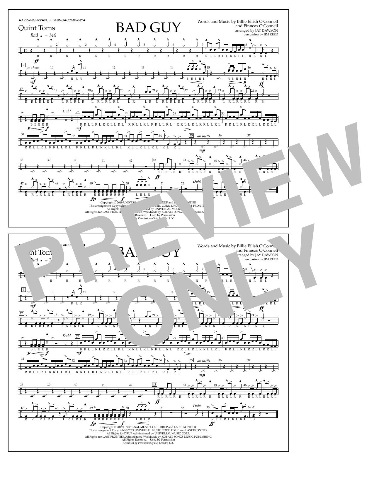 Download Billie Eilish Bad Guy (arr. Jay Dawson) - Quint-Toms Sheet Music and learn how to play Marching Band PDF digital score in minutes