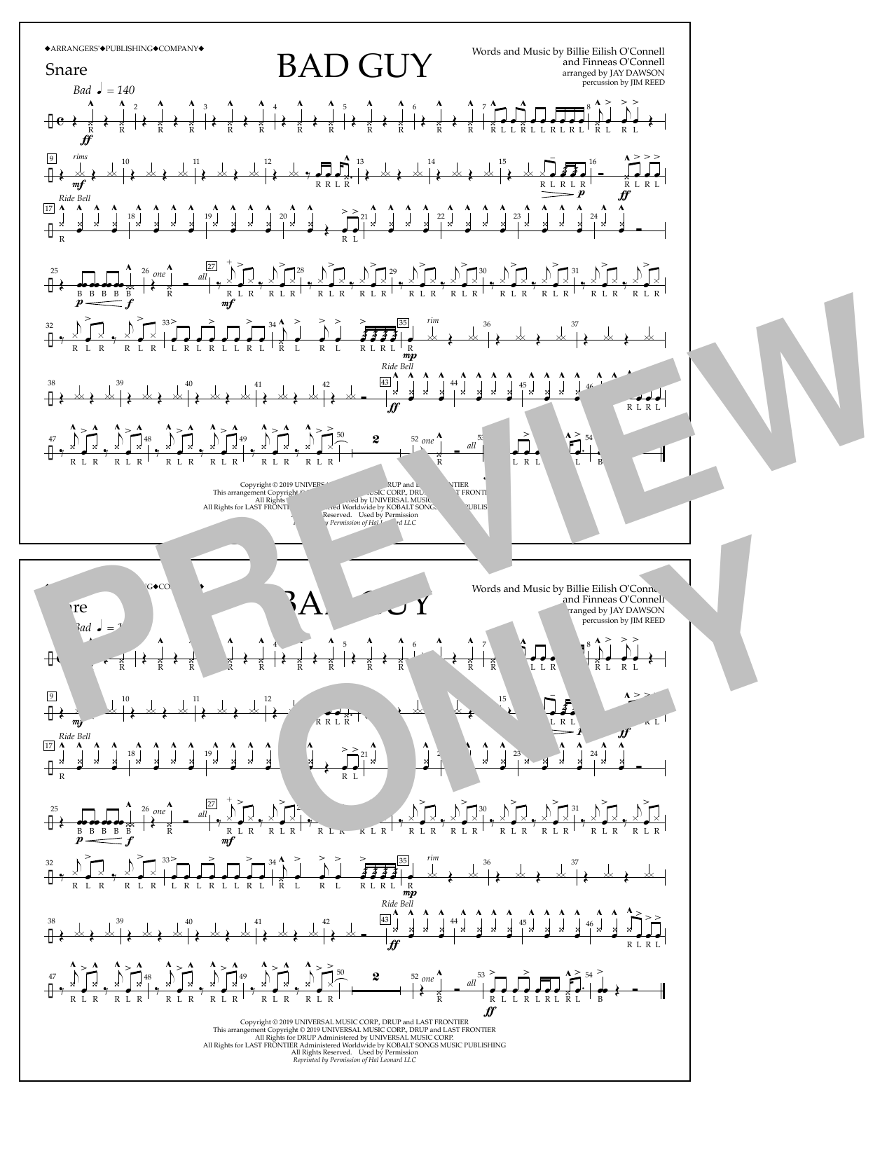 Download Billie Eilish Bad Guy (arr. Jay Dawson) - Snare Sheet Music and learn how to play Marching Band PDF digital score in minutes