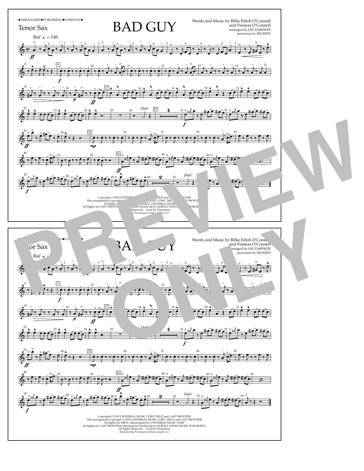 Download Billie Eilish Bad Guy (arr. Jay Dawson) - Tenor Sax Sheet Music and learn how to play Marching Band PDF digital score in minutes