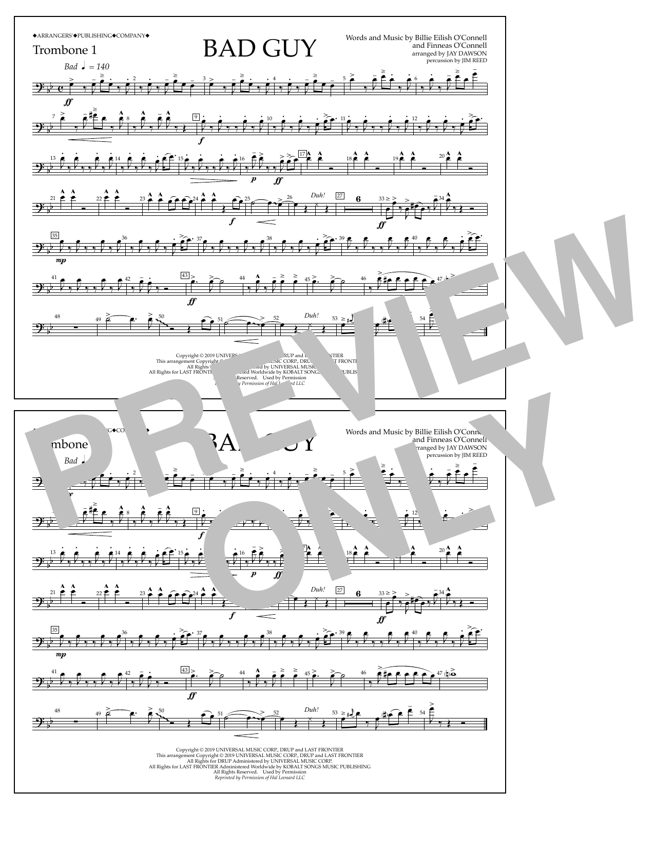 Download Billie Eilish Bad Guy (arr. Jay Dawson) - Trombone 1 Sheet Music and learn how to play Marching Band PDF digital score in minutes