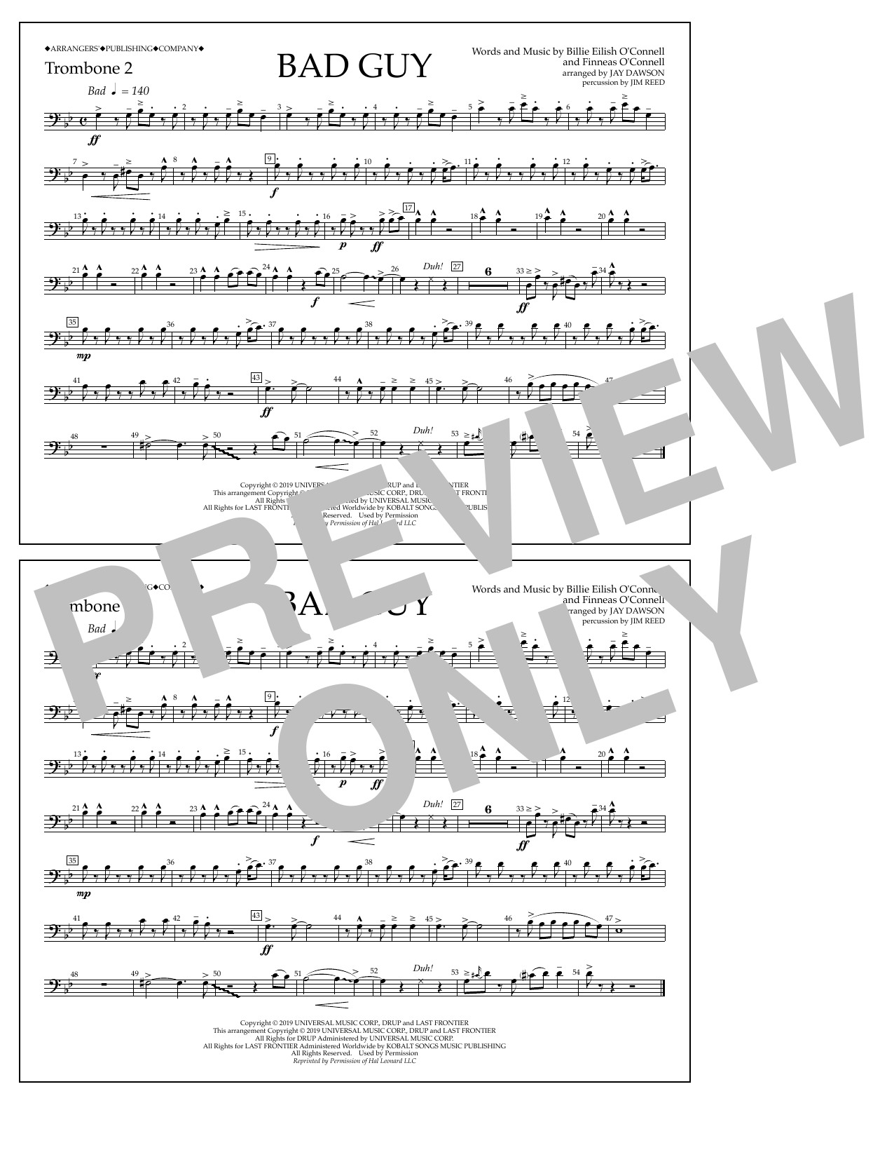 Download Billie Eilish Bad Guy (arr. Jay Dawson) - Trombone 2 Sheet Music and learn how to play Marching Band PDF digital score in minutes