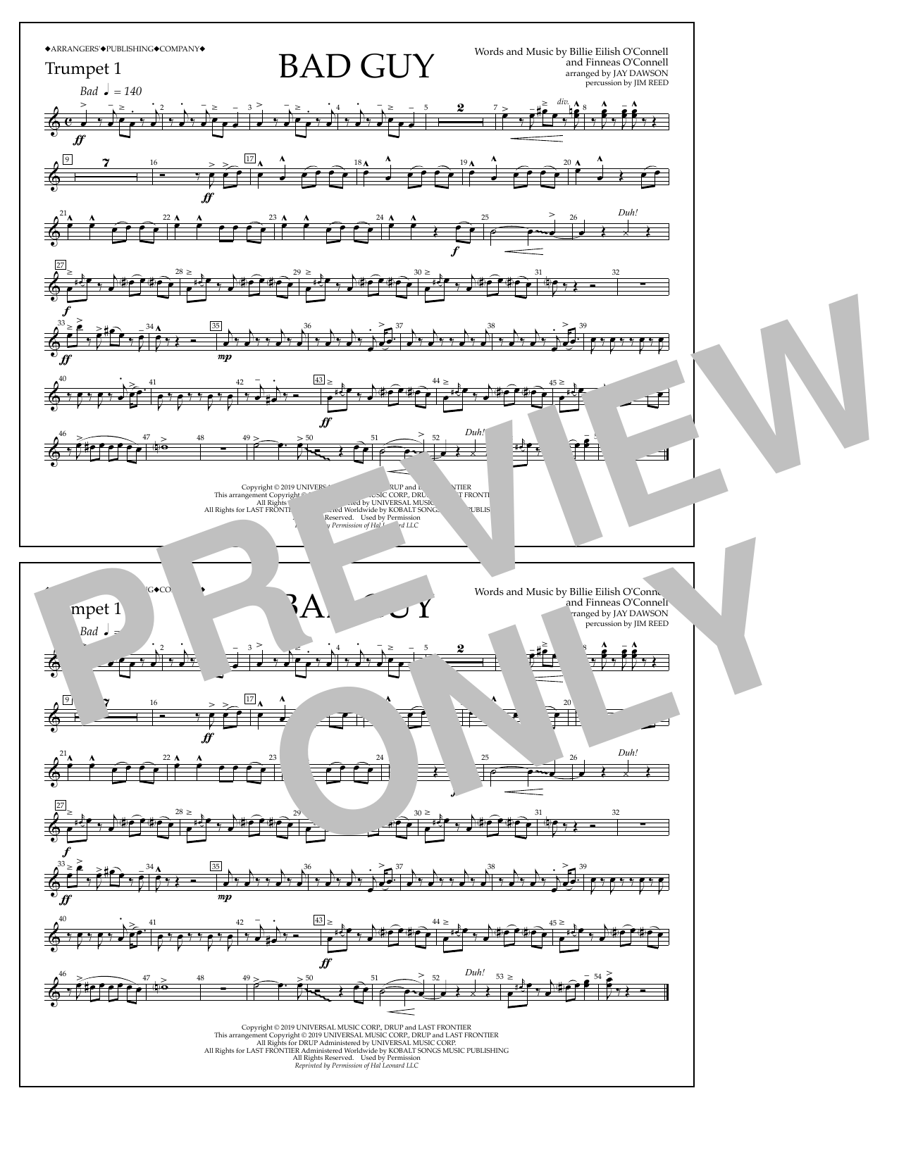 Download Billie Eilish Bad Guy (arr. Jay Dawson) - Trumpet 1 Sheet Music and learn how to play Marching Band PDF digital score in minutes