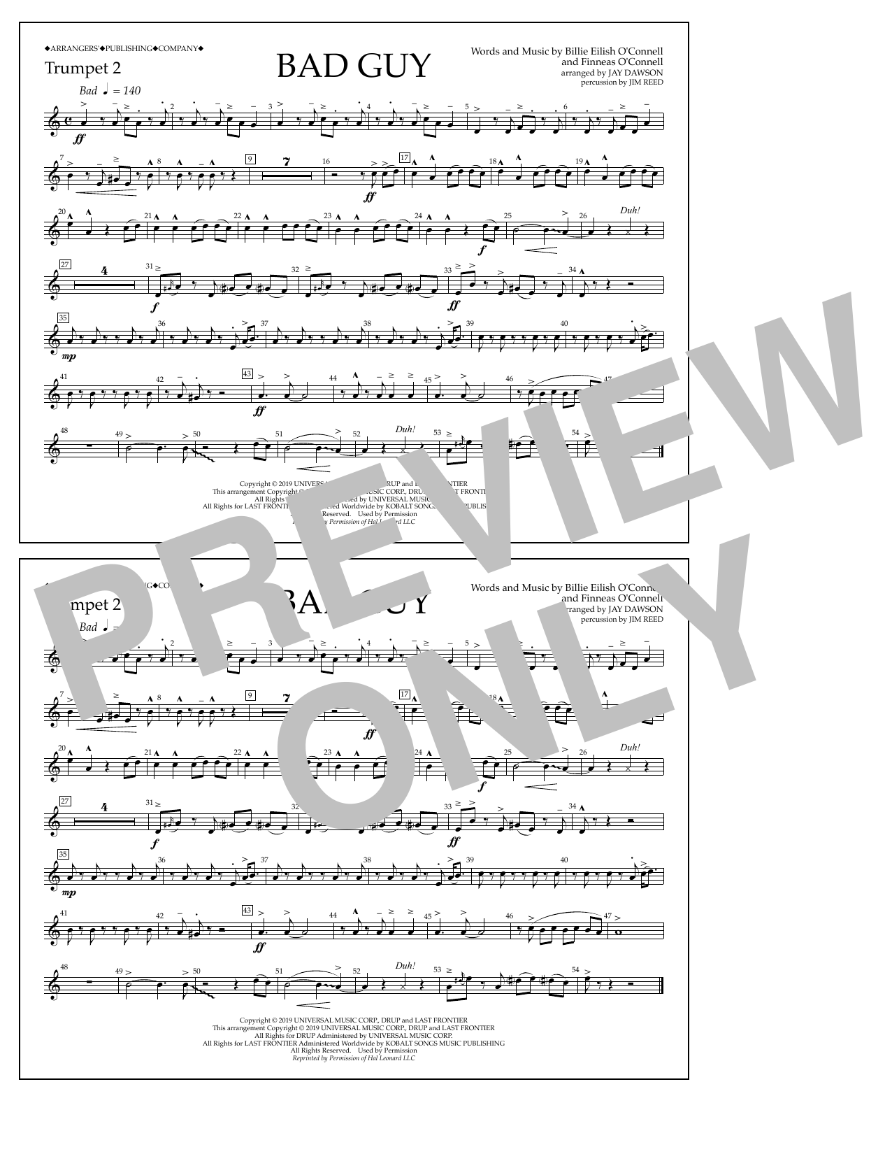 Download Billie Eilish Bad Guy (arr. Jay Dawson) - Trumpet 2 Sheet Music and learn how to play Marching Band PDF digital score in minutes