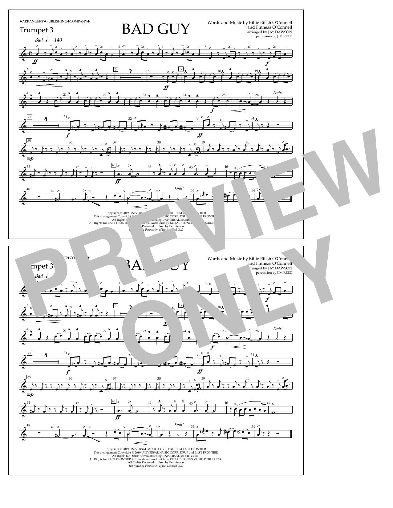 Download Billie Eilish Bad Guy (arr. Jay Dawson) - Trumpet 3 Sheet Music and learn how to play Marching Band PDF digital score in minutes