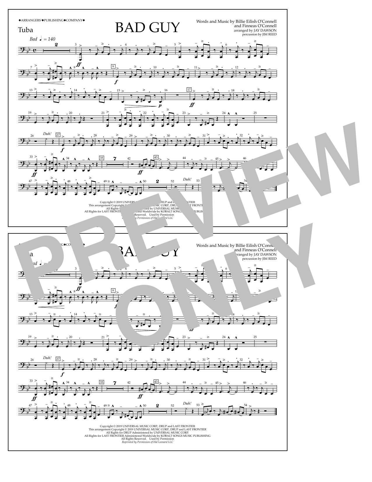 Download Billie Eilish Bad Guy (arr. Jay Dawson) - Tuba Sheet Music and learn how to play Marching Band PDF digital score in minutes
