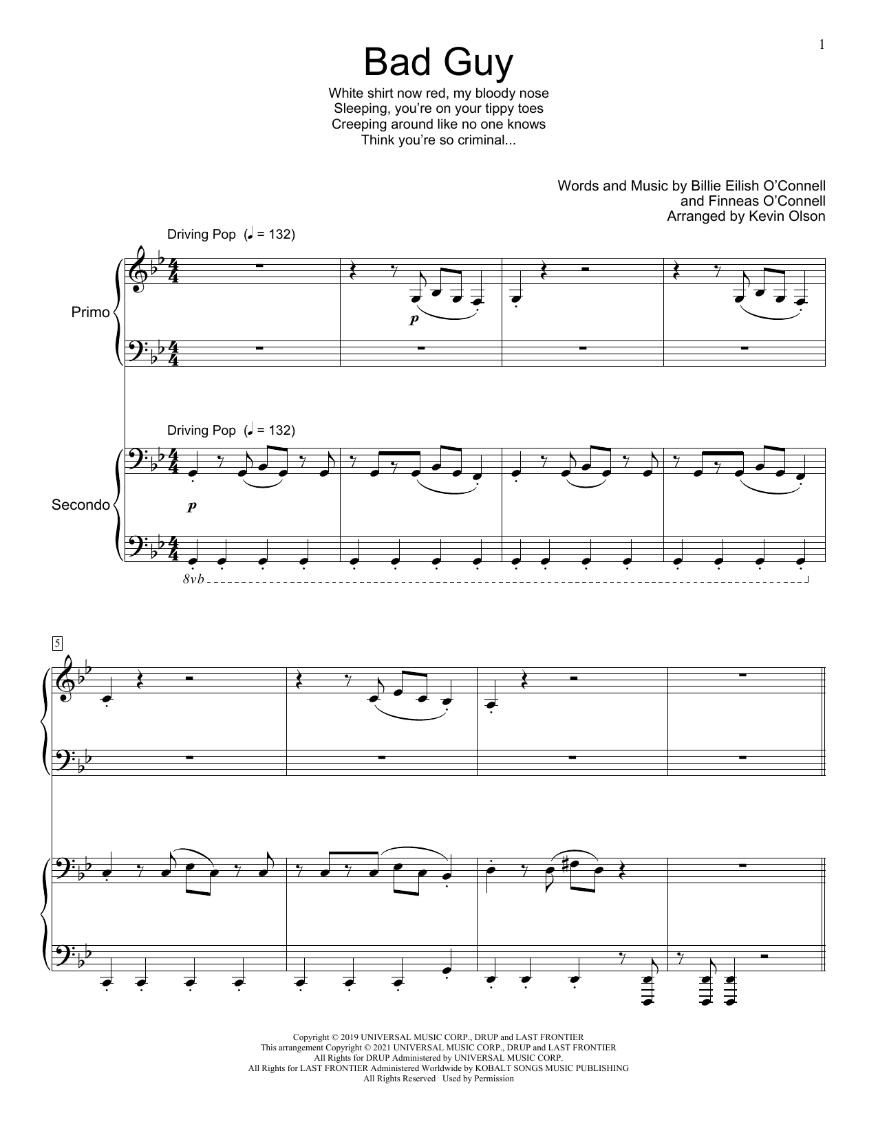 Download Billie Eilish bad guy (arr. Kevin Olson) Sheet Music and learn how to play Piano Duet PDF digital score in minutes