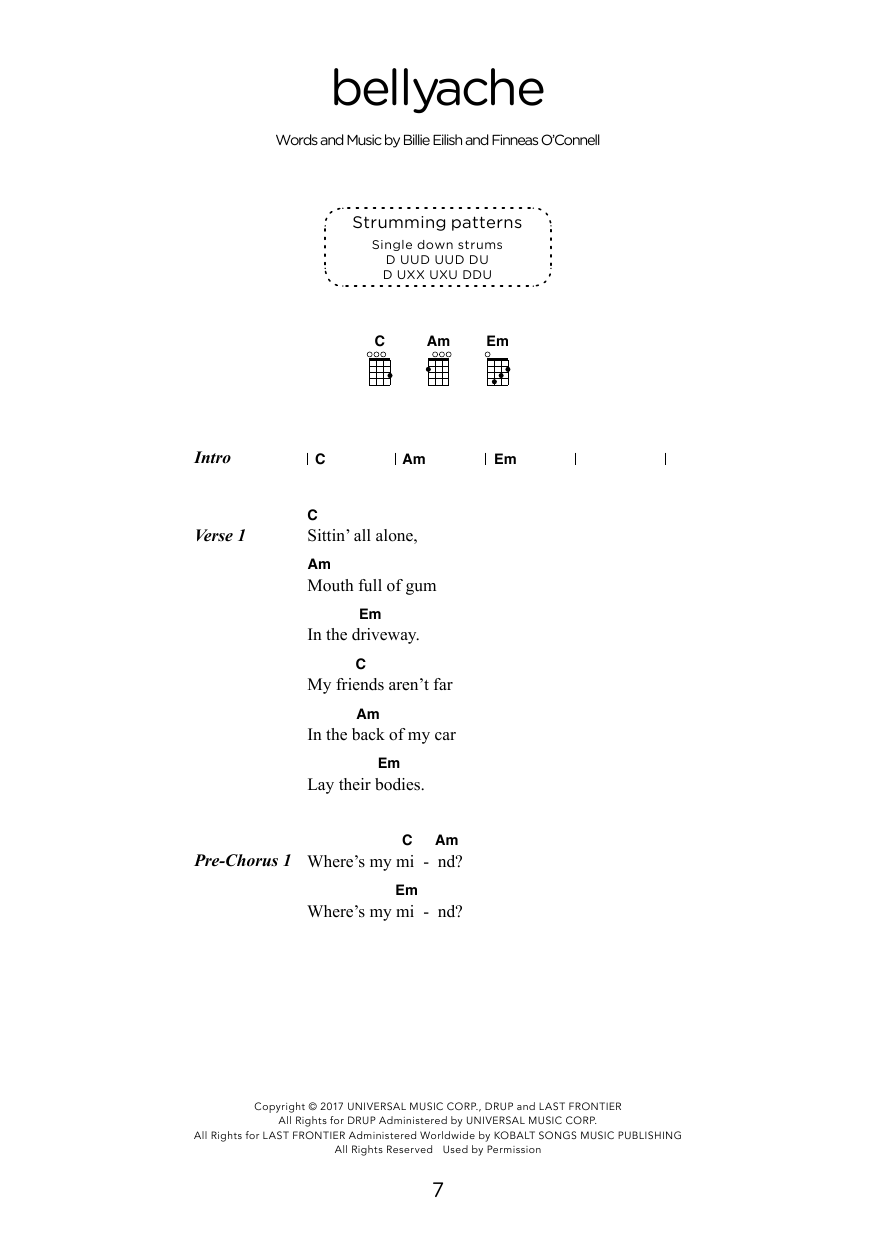 Download Billie Eilish bellyache (arr. Elise Ecklund) Sheet Music and learn how to play Ukulele Chords/Lyrics PDF digital score in minutes