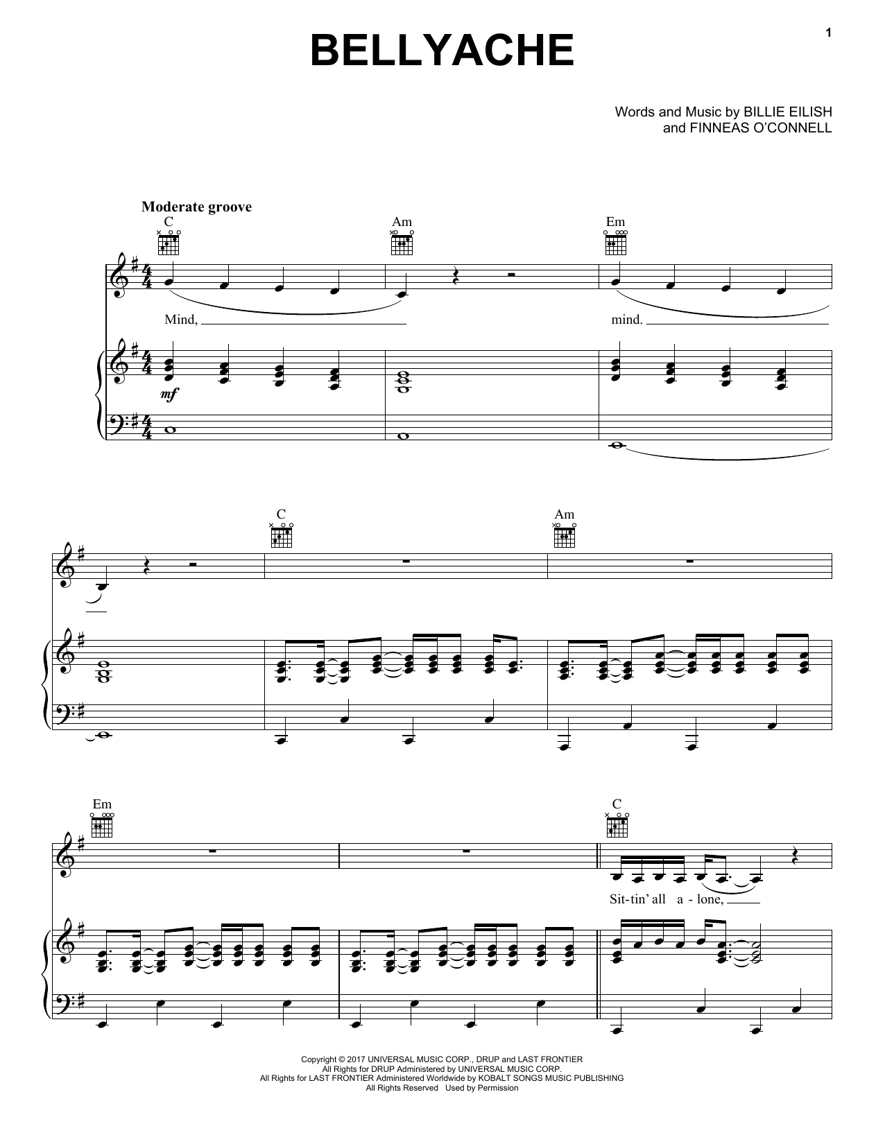 Download Billie Eilish bellyache Sheet Music and learn how to play Piano, Vocal & Guitar Chords (Right-Hand Melody) PDF digital score in minutes