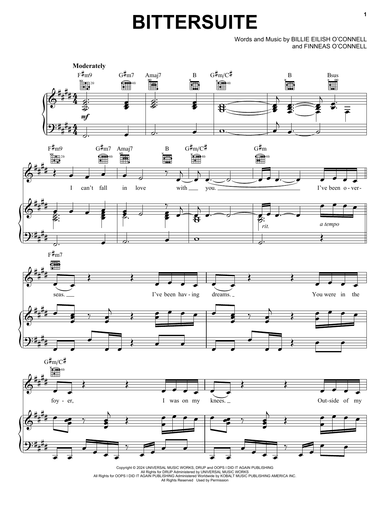 Download Billie Eilish BITTERSUITE Sheet Music and learn how to play Piano, Vocal & Guitar Chords (Right-Hand Melody) PDF digital score in minutes