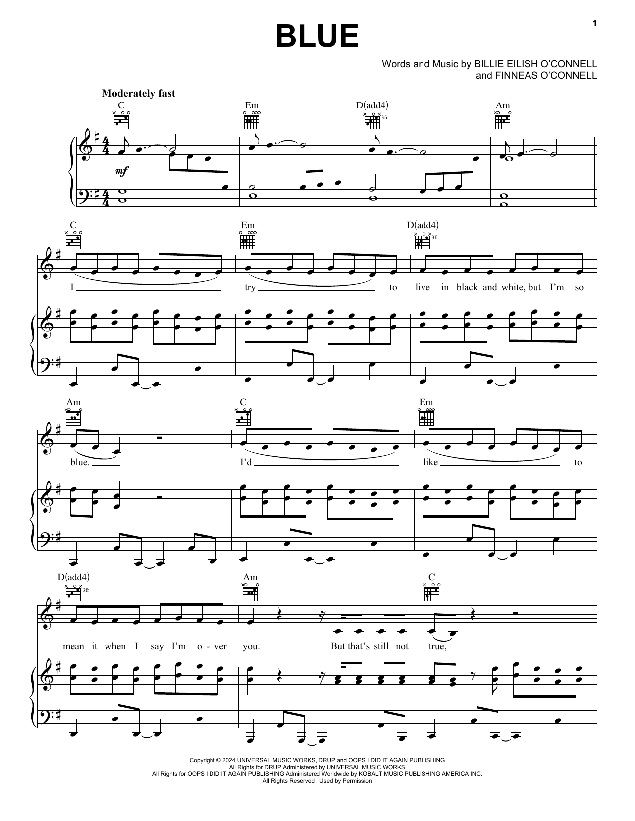 Download Billie Eilish BLUE Sheet Music and learn how to play Piano, Vocal & Guitar Chords (Right-Hand Melody) PDF digital score in minutes