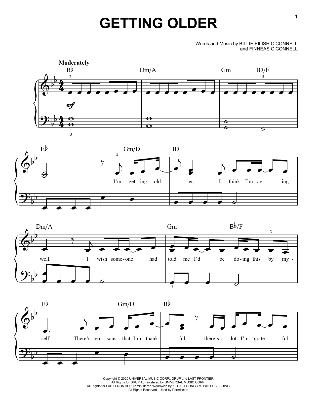 Download Billie Eilish Getting Older Sheet Music and learn how to play Piano, Vocal & Guitar Chords (Right-Hand Melody) PDF digital score in minutes