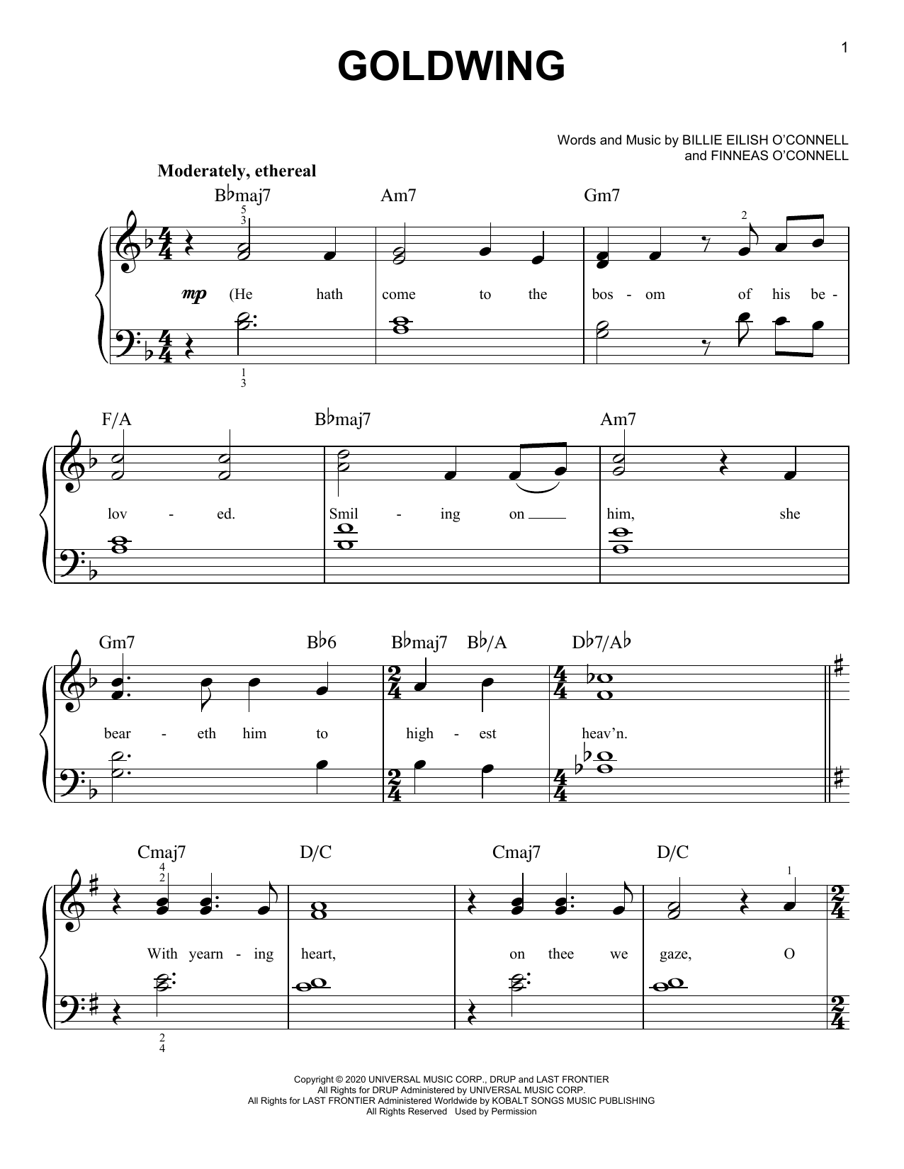 Download Billie Eilish GOLDWING Sheet Music and learn how to play Piano, Vocal & Guitar Chords (Right-Hand Melody) PDF digital score in minutes