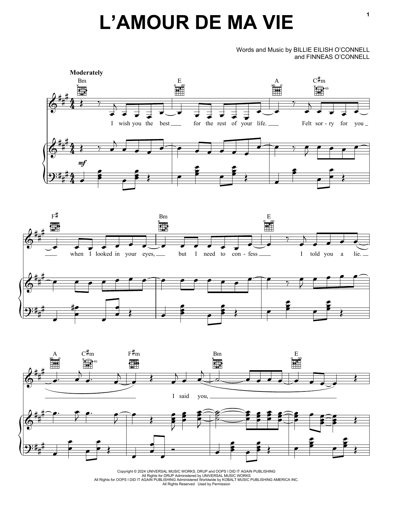 Download Billie Eilish L'AMOUR DE MA VIE Sheet Music and learn how to play Easy Piano PDF digital score in minutes