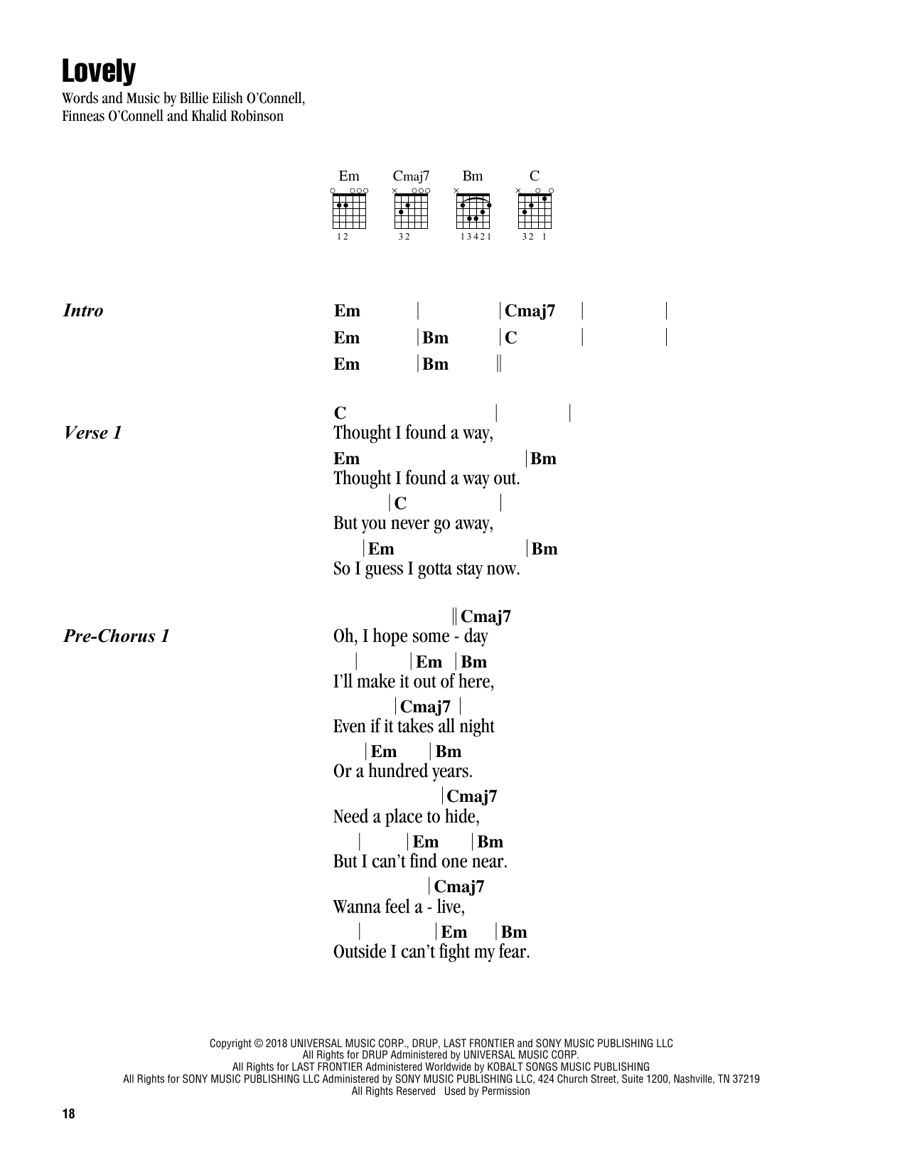 Download Billie Eilish lovely (feat. Khalid) (from 13 Reasons Why) Sheet Music and learn how to play Guitar Chords/Lyrics PDF digital score in minutes