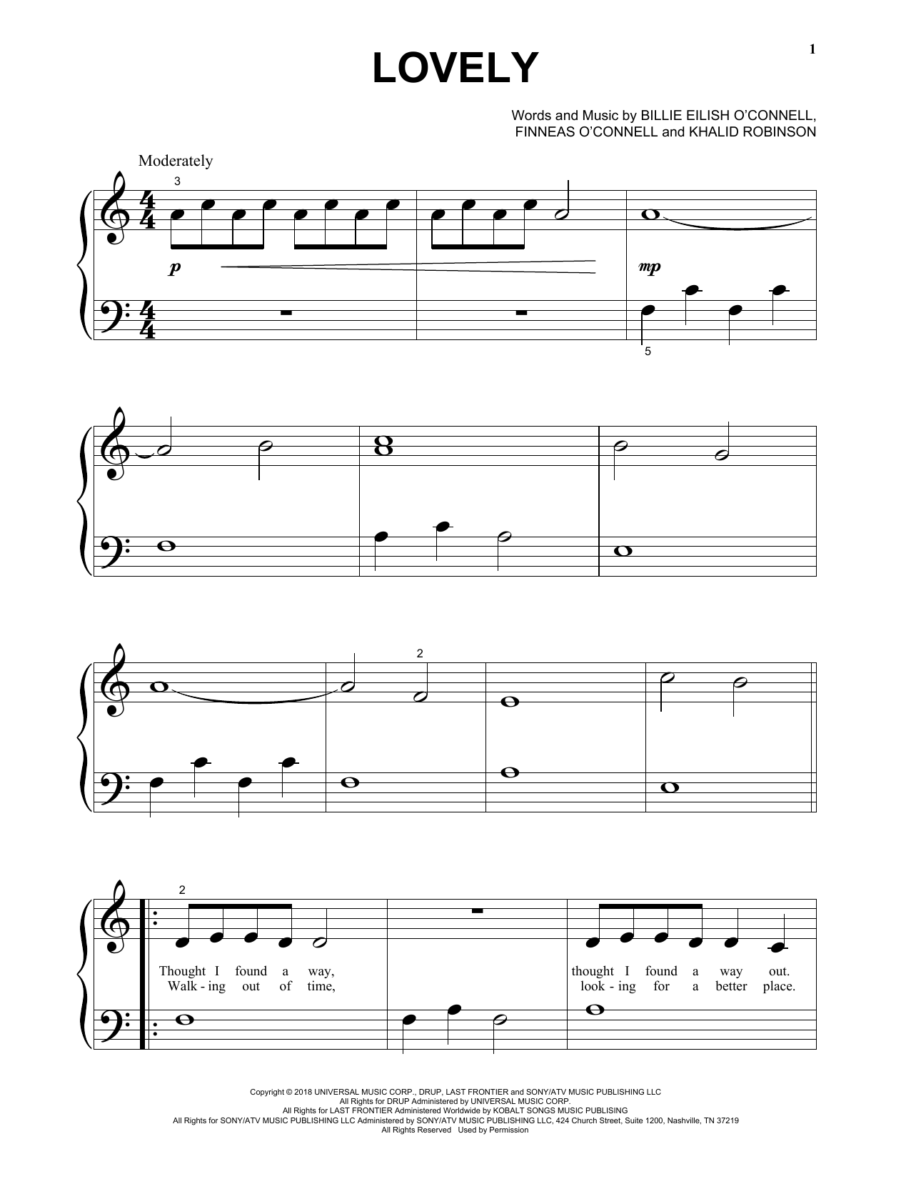Download Billie Eilish lovely (from 13 Reasons Why) Sheet Music and learn how to play Big Note Piano PDF digital score in minutes