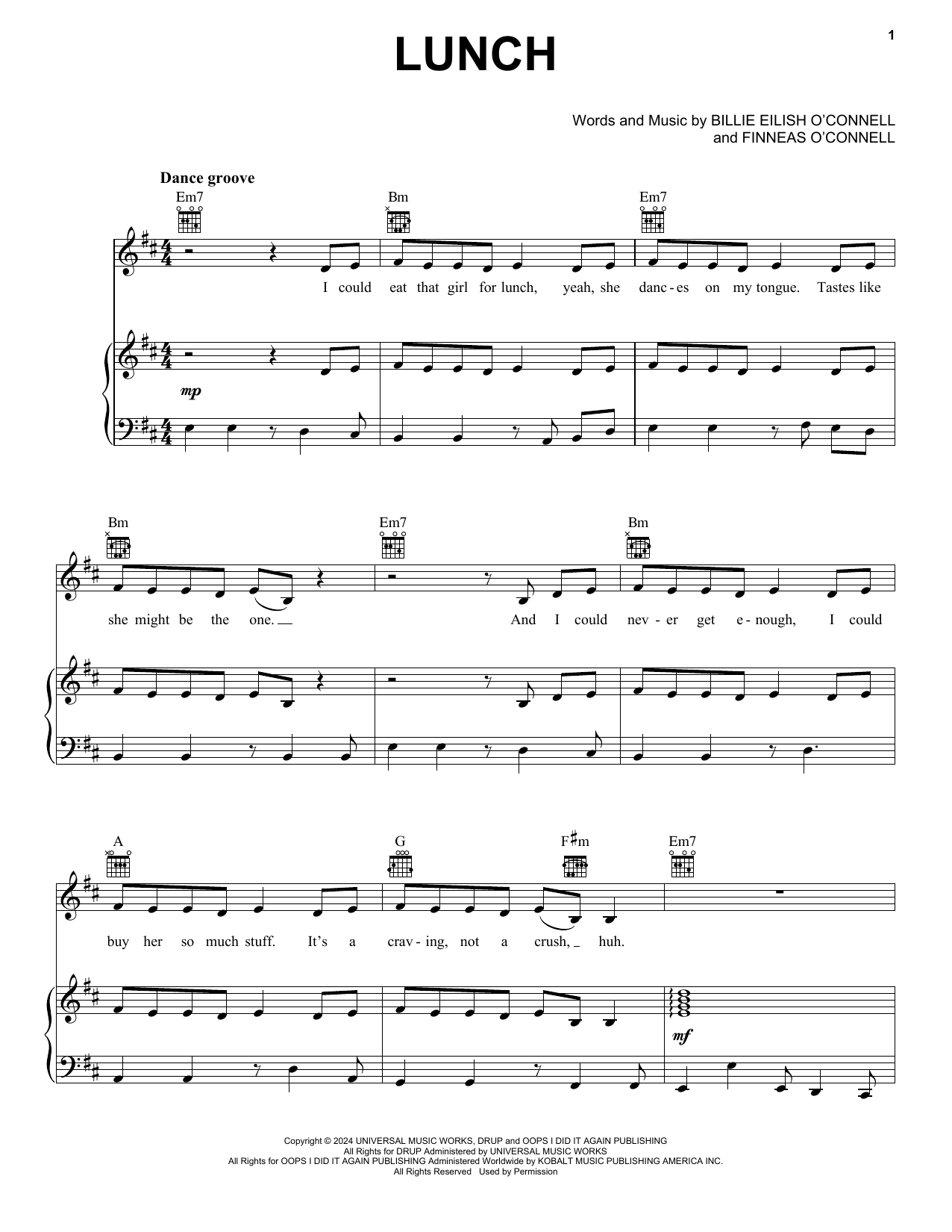 Download Billie Eilish LUNCH Sheet Music and learn how to play Piano, Vocal & Guitar Chords (Right-Hand Melody) PDF digital score in minutes