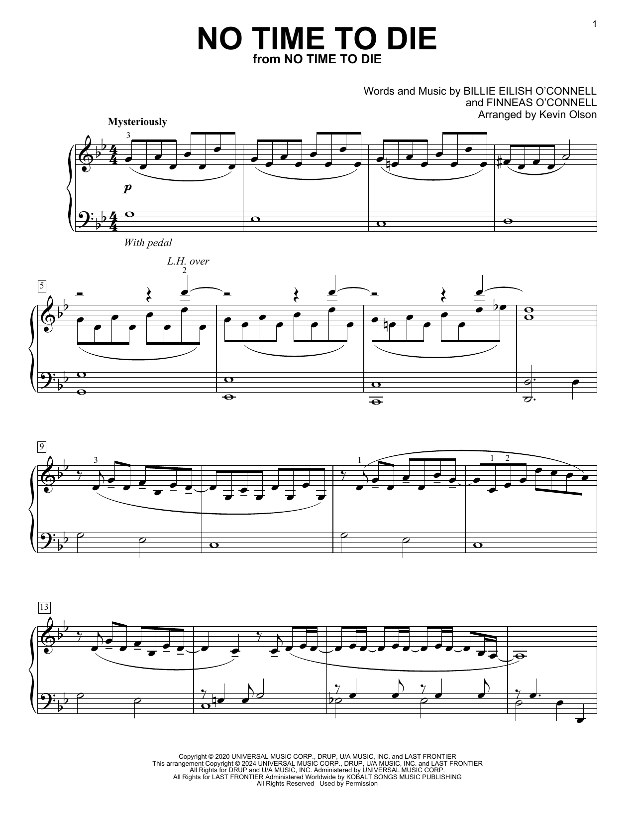 Download Billie Eilish No Time To Die (arr. Kevin Olson) Sheet Music and learn how to play Easy Piano Solo PDF digital score in minutes