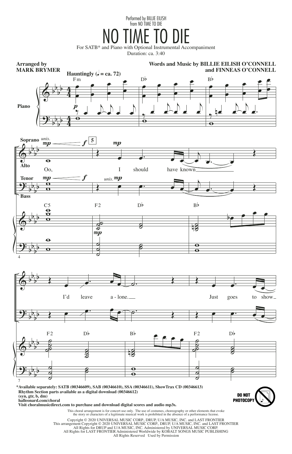 Download Billie Eilish No Time To Die (arr. Mark Brymer) Sheet Music and learn how to play SATB Choir PDF digital score in minutes