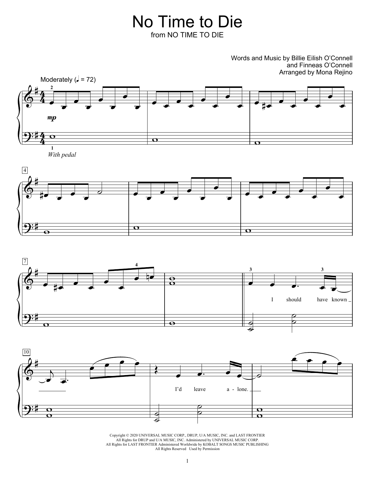 Download Billie Eilish No Time To Die (arr. Mona Rejino) Sheet Music and learn how to play Educational Piano PDF digital score in minutes