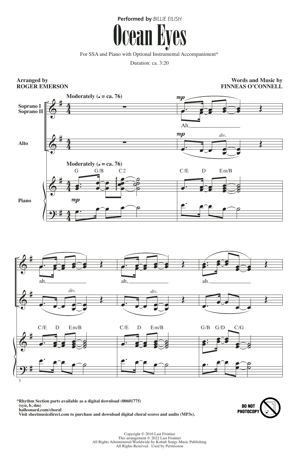 Download Billie Eilish ocean eyes (arr. Roger Emerson) Sheet Music and learn how to play SSA Choir PDF digital score in minutes