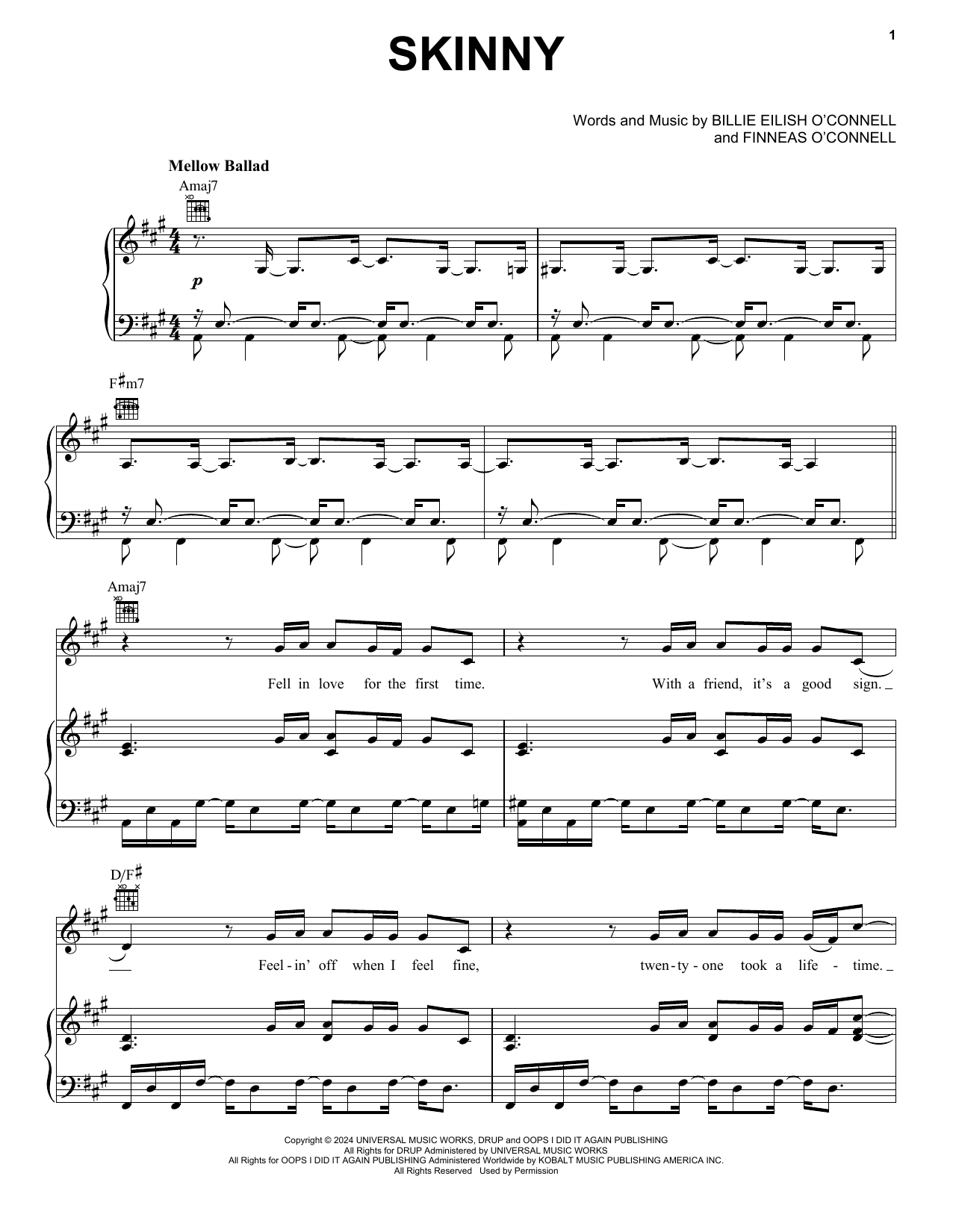 Download Billie Eilish SKINNY Sheet Music and learn how to play Piano, Vocal & Guitar Chords (Right-Hand Melody) PDF digital score in minutes