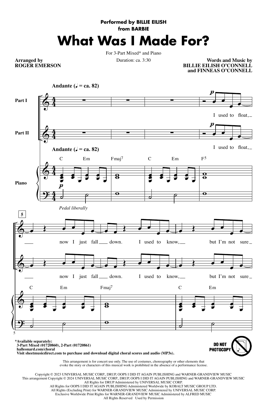 Download Billie Eilish What Was I Made For? (arr. Roger Emerson) Sheet Music and learn how to play 3-Part Mixed Choir PDF digital score in minutes