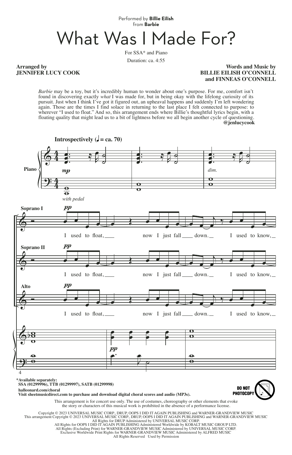 Download Billie Eilish What Was I Made For? (from Barbie) (arr. Jennifer Lucy Cook) Sheet Music and learn how to play SATB Choir PDF digital score in minutes