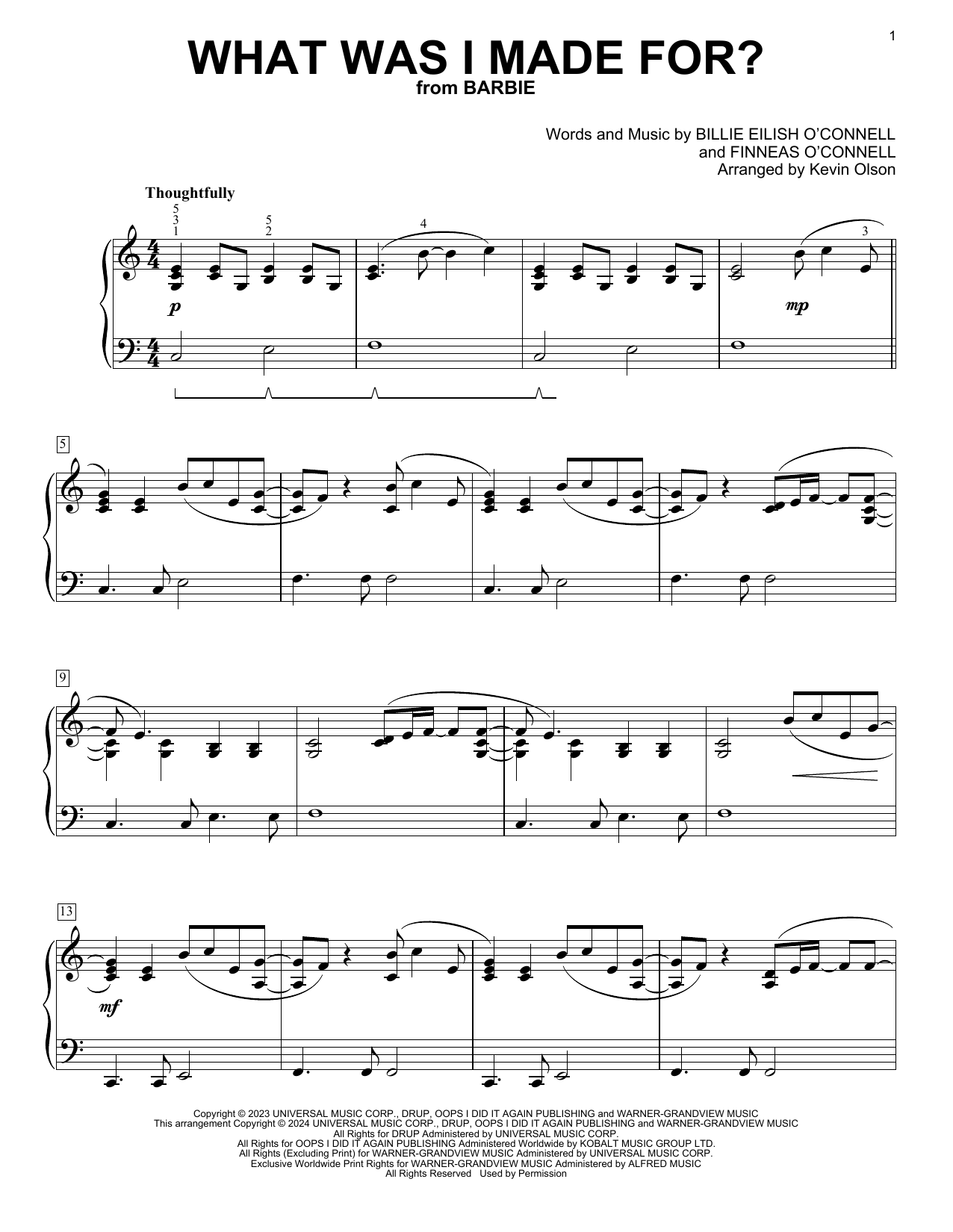 Download Billie Eilish What Was I Made For? (from Barbie) (arr. Kevin Olson) Sheet Music and learn how to play Easy Piano Solo PDF digital score in minutes