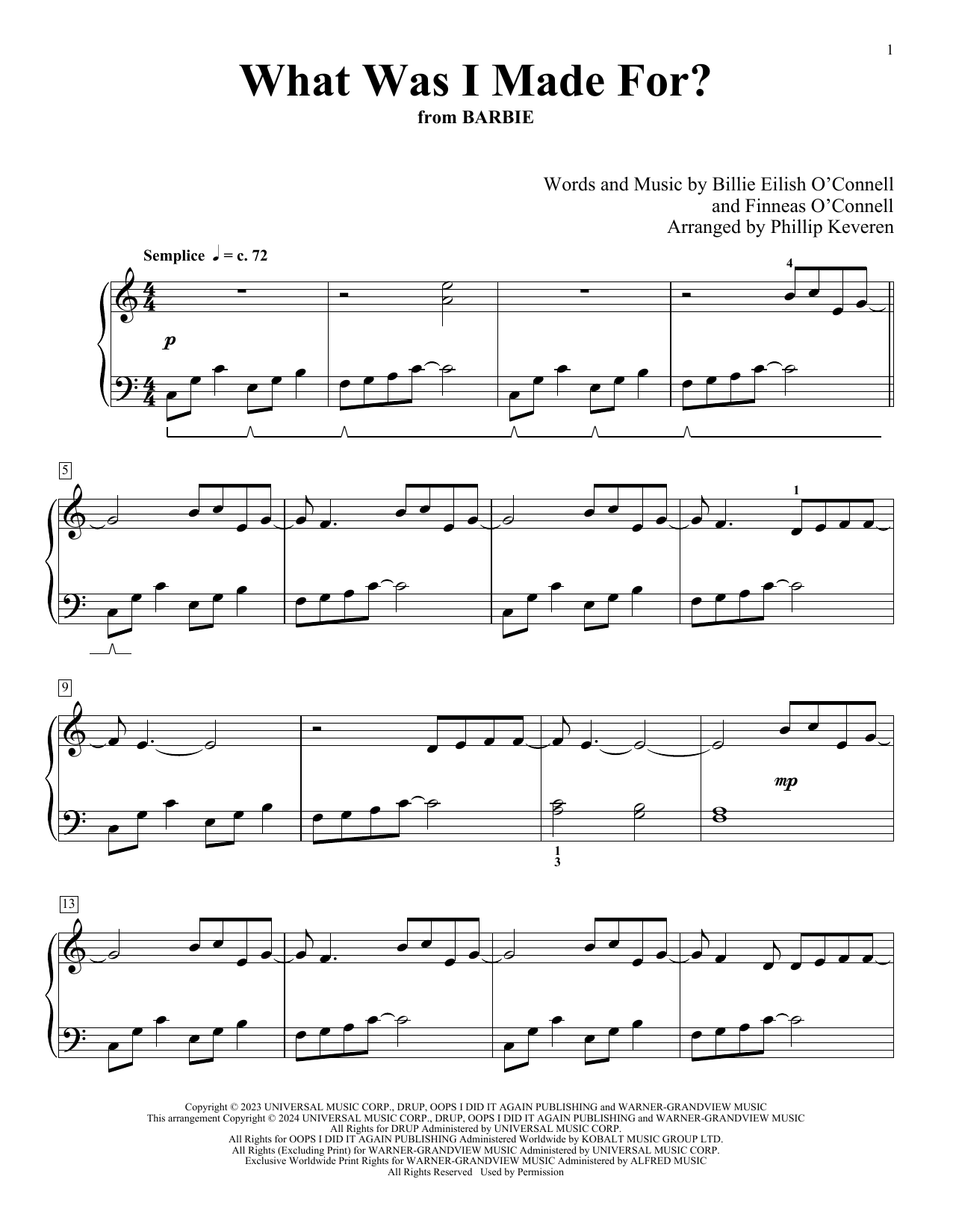 Download Billie Eilish What Was I Made For? (from Barbie) (arr. Phillip Keveren) Sheet Music and learn how to play Piano Solo PDF digital score in minutes