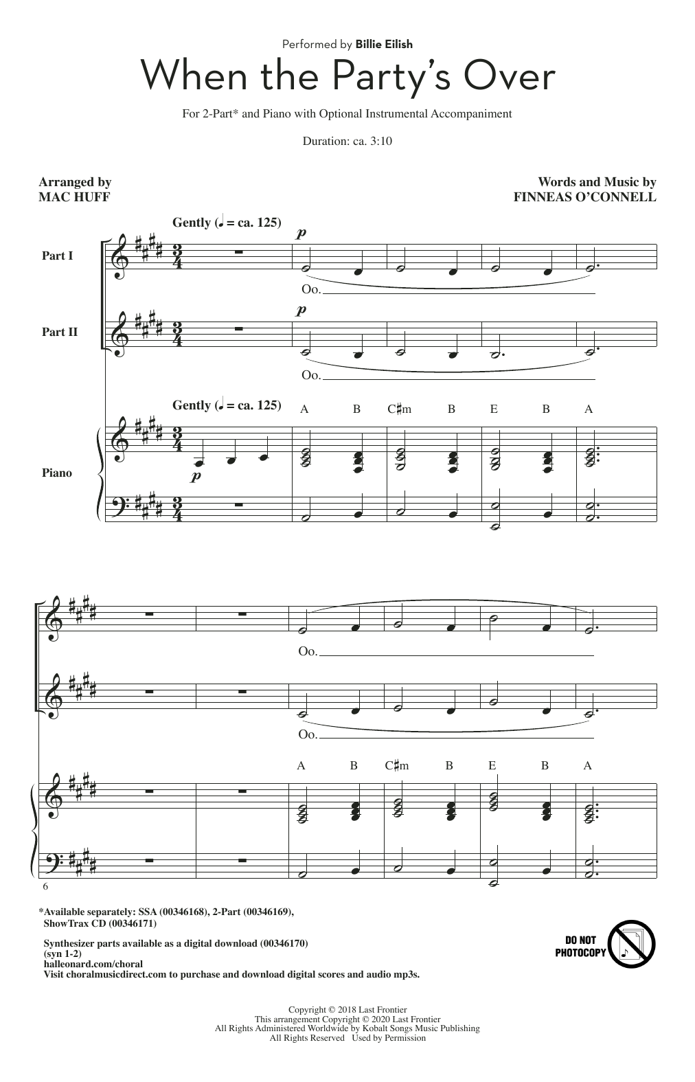 Download Billie Eilish when the party's over (arr. Mac Huff) Sheet Music and learn how to play 2-Part Choir PDF digital score in minutes