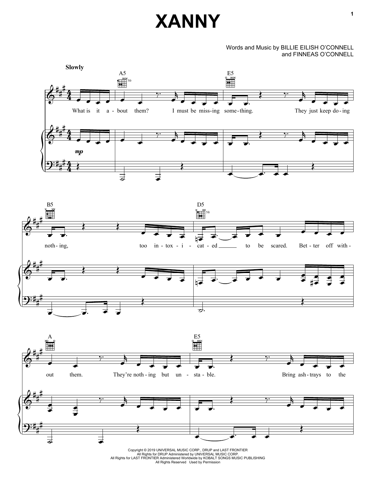 Download Billie Eilish xanny Sheet Music and learn how to play Piano, Vocal & Guitar Chords (Right-Hand Melody) PDF digital score in minutes