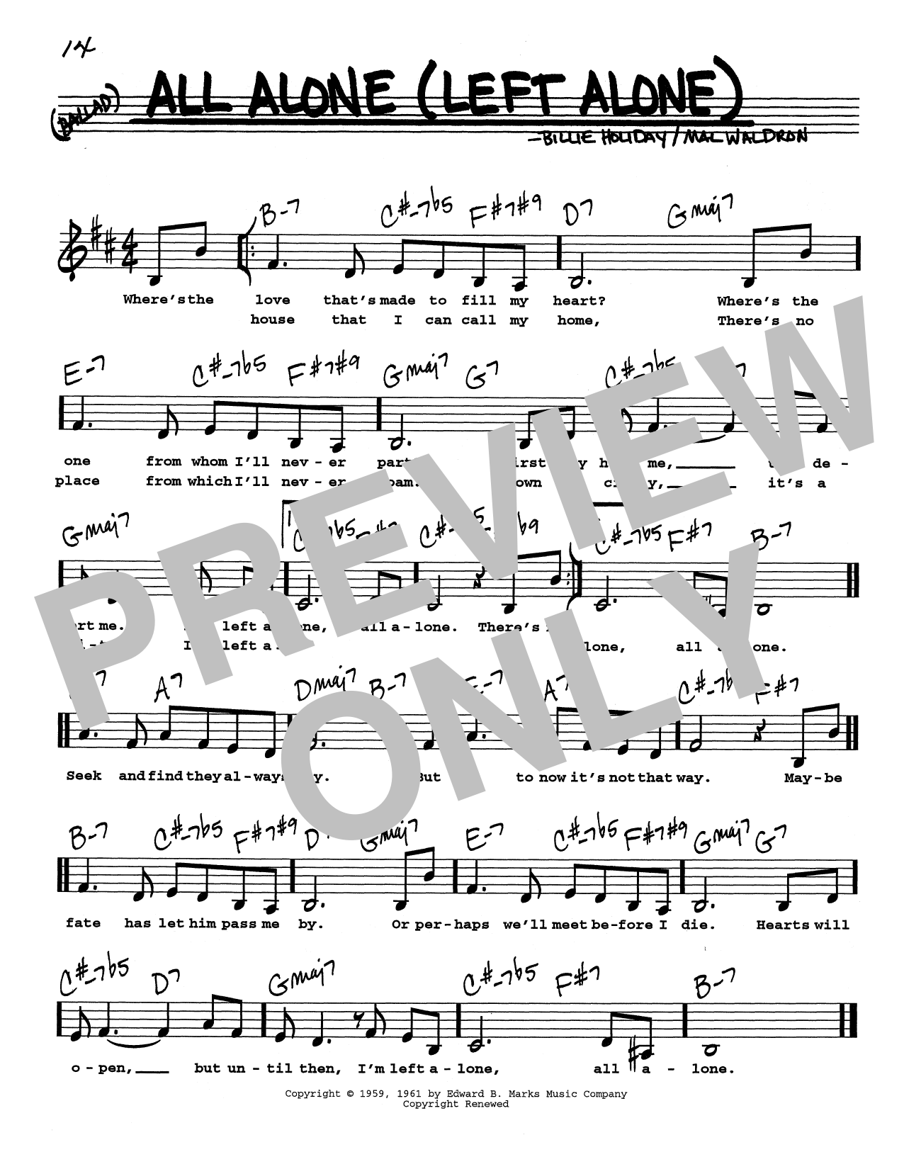 Download Billie Holiday All Alone (Left Alone) (Low Voice) Sheet Music and learn how to play Real Book – Melody, Lyrics & Chords PDF digital score in minutes