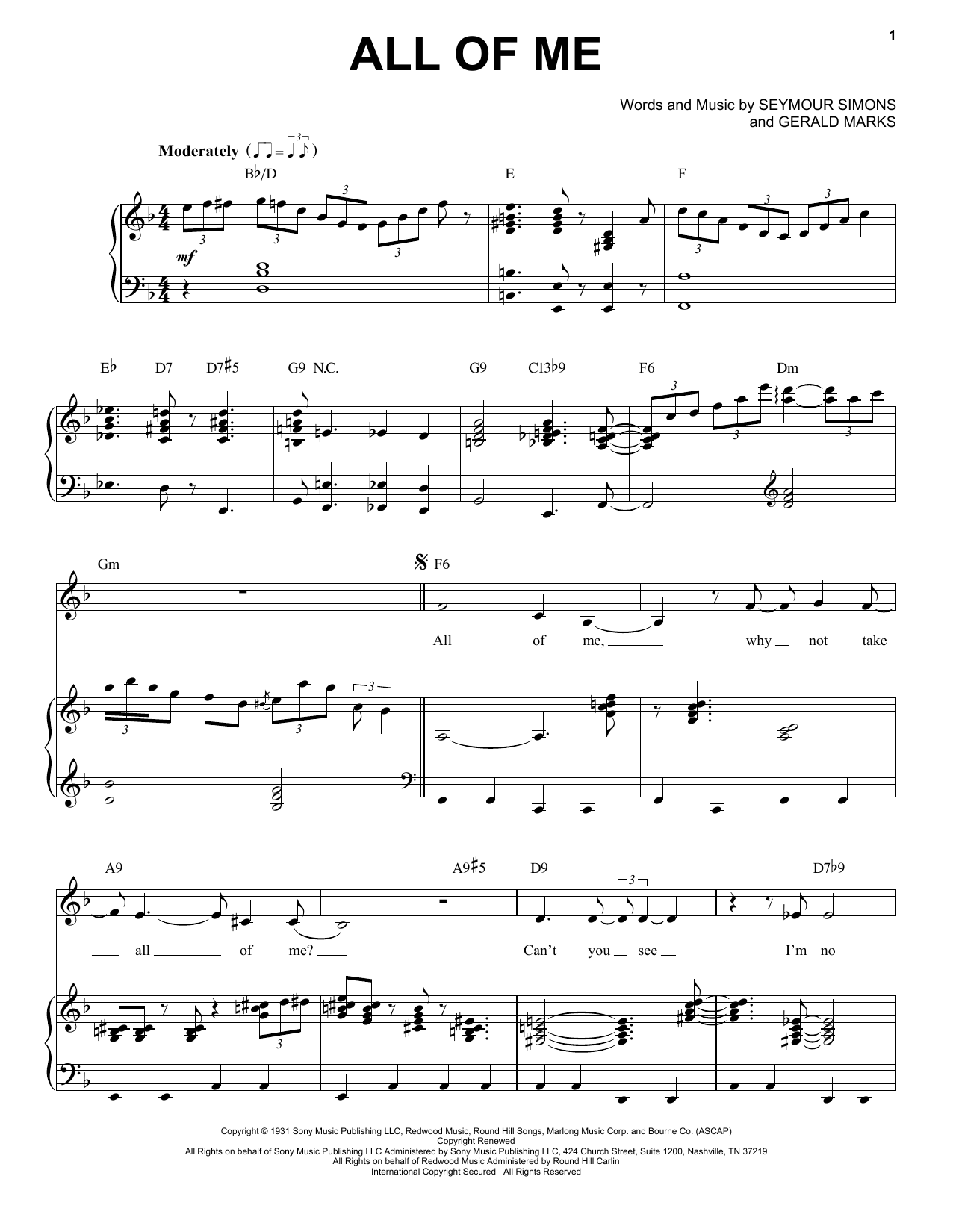 Download Billie Holiday All Of Me Sheet Music and learn how to play Piano, Vocal & Guitar (Right-Hand Melody) PDF digital score in minutes