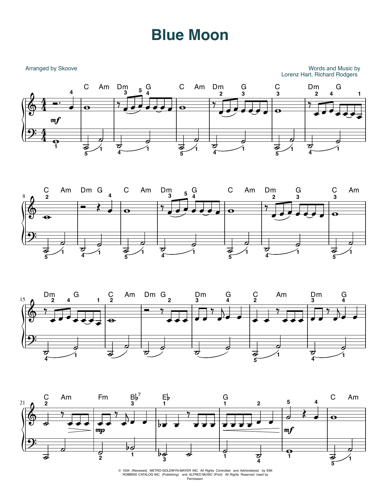 Download Billie Holiday Blue Moon (arr. Skoove) Sheet Music and learn how to play Beginner Piano (Abridged) PDF digital score in minutes