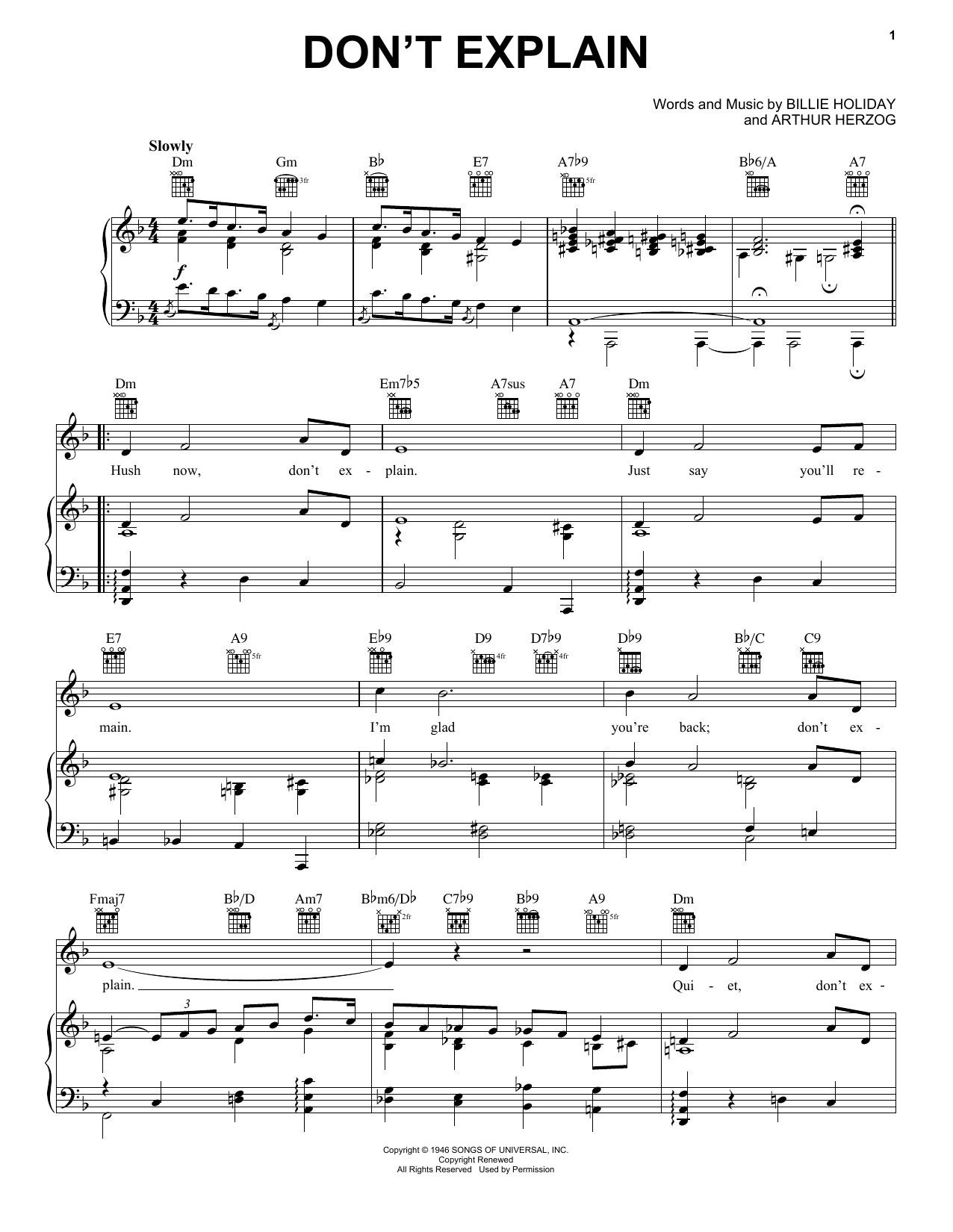 Download Billie Holiday Don't Explain Sheet Music and learn how to play Piano, Vocal & Guitar (Right-Hand Melody) PDF digital score in minutes