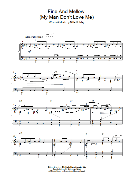 Download Billie Holiday Fine And Mellow (My Man Don't Love Me) Sheet Music and learn how to play Piano PDF digital score in minutes