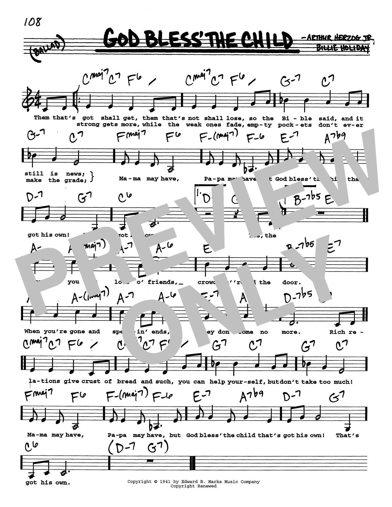 Download Billie Holiday God Bless' The Child (Low Voice) Sheet Music and learn how to play Real Book – Melody, Lyrics & Chords PDF digital score in minutes