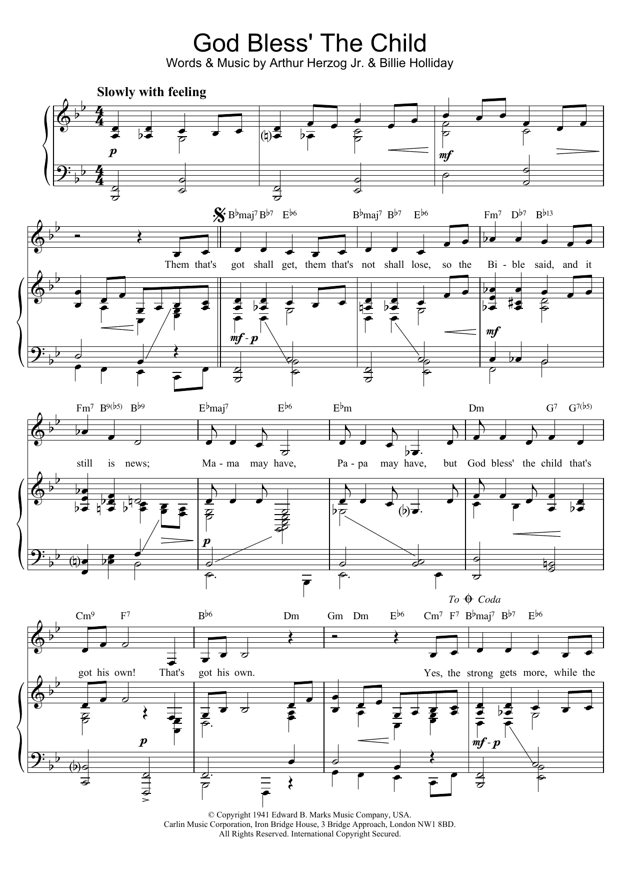 Download Billie Holiday God Bless' The Child Sheet Music and learn how to play Real Book – Melody & Chords – C Instruments PDF digital score in minutes