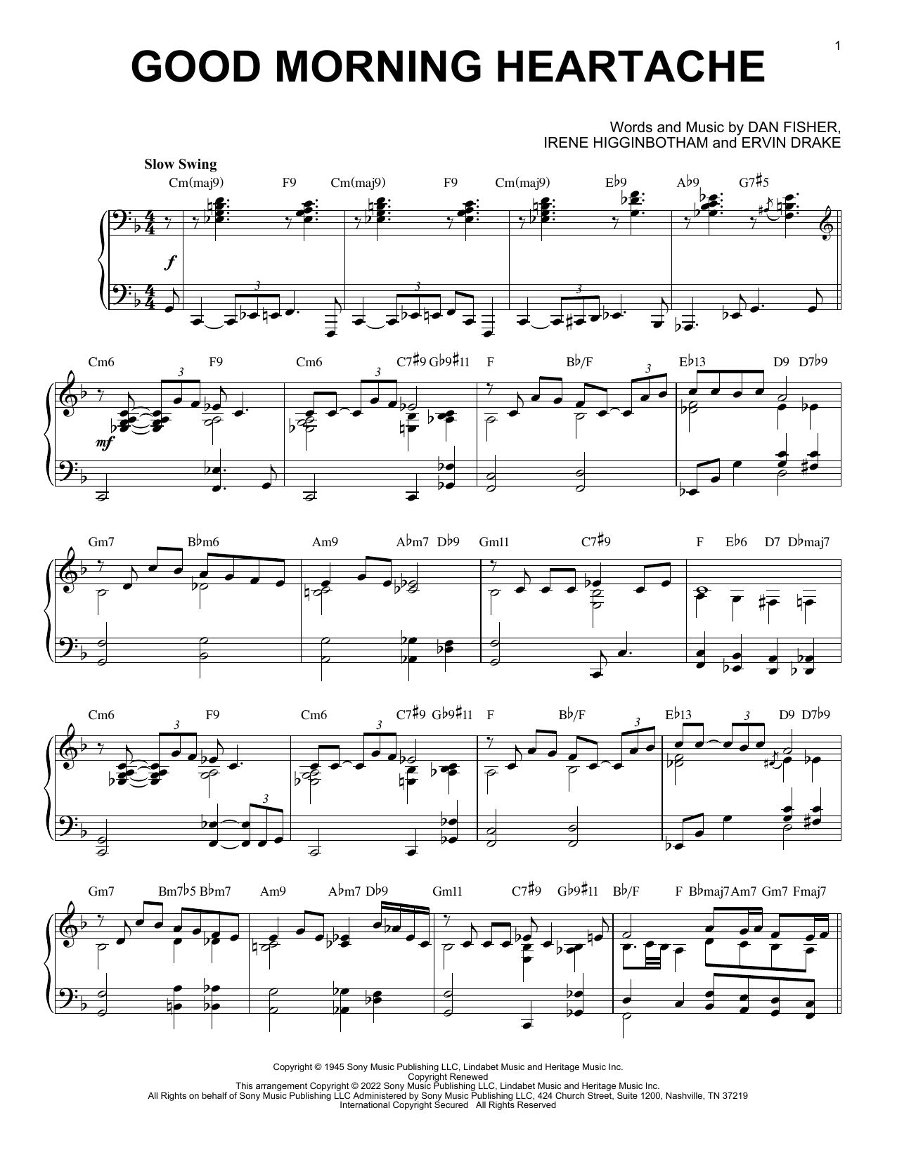 Download Billie Holiday Good Morning Heartache [Jazz version] (arr. Brent Edstrom) Sheet Music and learn how to play Piano Solo PDF digital score in minutes