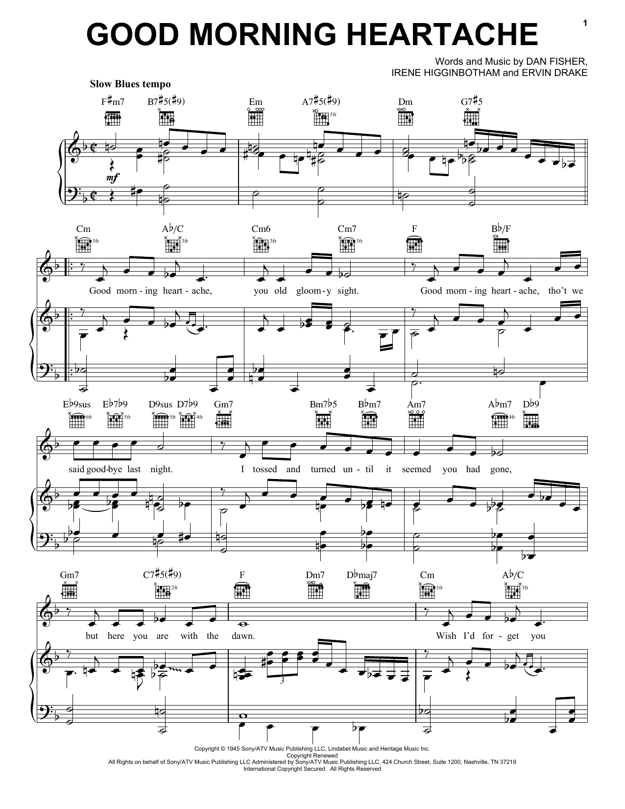 Download Billie Holiday Good Morning Heartache Sheet Music and learn how to play Piano, Vocal & Guitar (Right-Hand Melody) PDF digital score in minutes