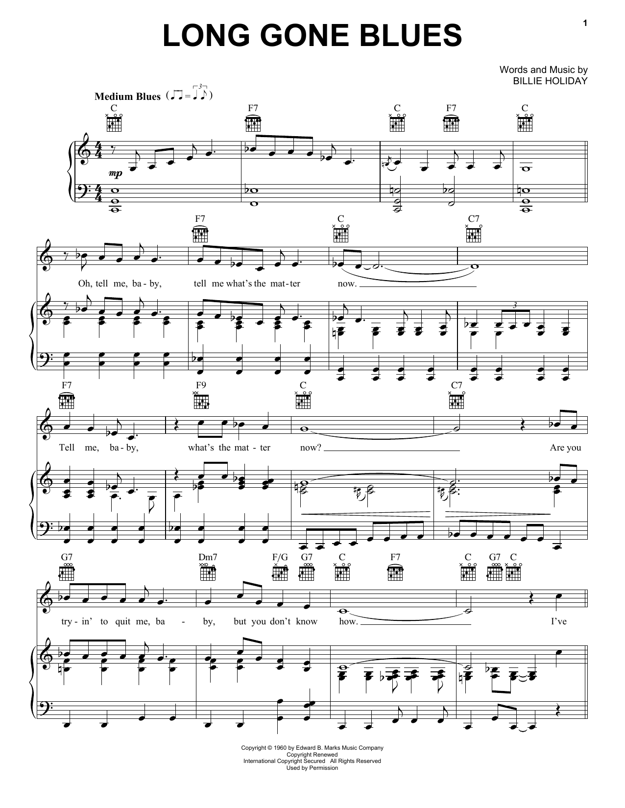 Download Billie Holiday Long Gone Blues Sheet Music and learn how to play Piano, Vocal & Guitar (Right-Hand Melody) PDF digital score in minutes