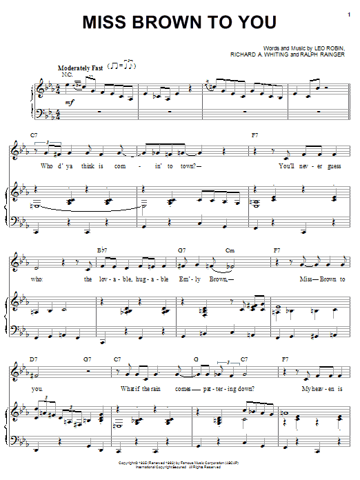 Download Billie Holiday Miss Brown To You Sheet Music and learn how to play Piano, Vocal & Guitar (Right-Hand Melody) PDF digital score in minutes