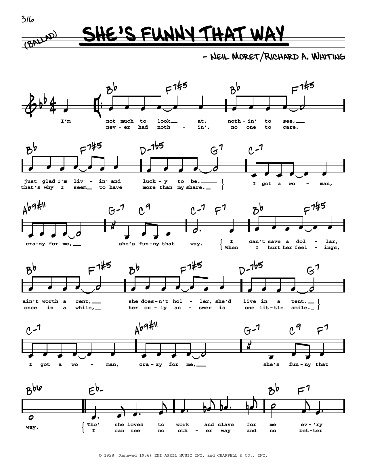 Download Billie Holiday She's Funny That Way (Low Voice) Sheet Music and learn how to play Real Book – Melody, Lyrics & Chords PDF digital score in minutes