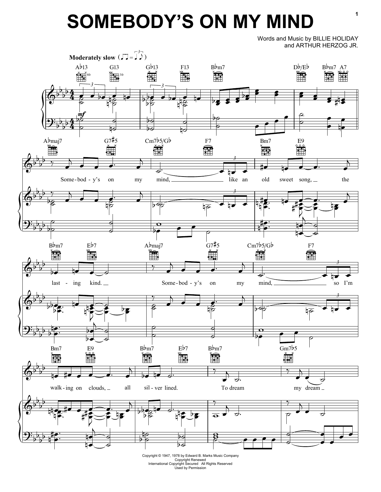 Download Billie Holiday Somebody's On My Mind Sheet Music and learn how to play Piano, Vocal & Guitar (Right-Hand Melody) PDF digital score in minutes