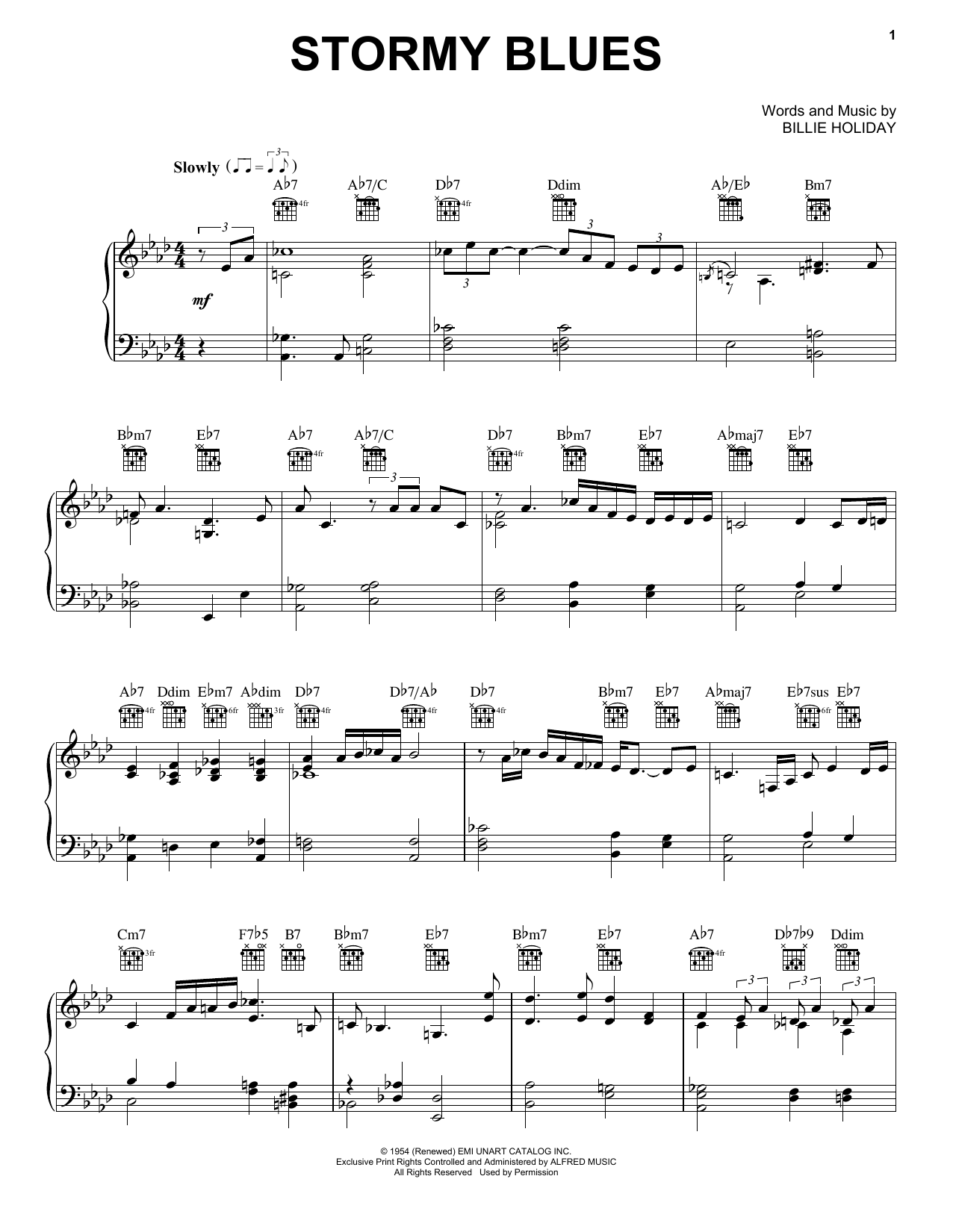 Download Billie Holiday Stormy Blues Sheet Music and learn how to play Piano, Vocal & Guitar (Right-Hand Melody) PDF digital score in minutes